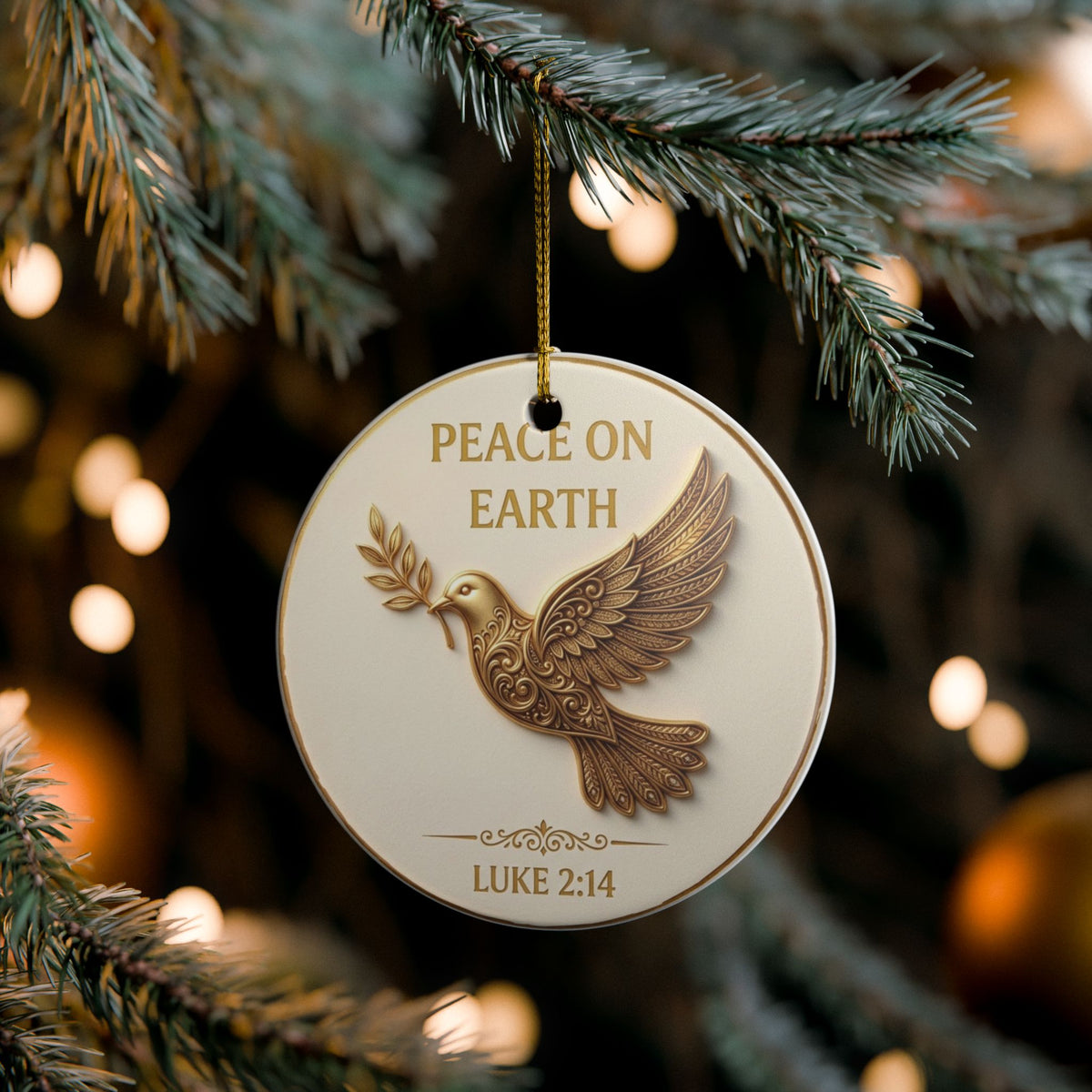 Peace on Earth Ceramic Ornament — Dove with Olive Branch (Luke 2:14)