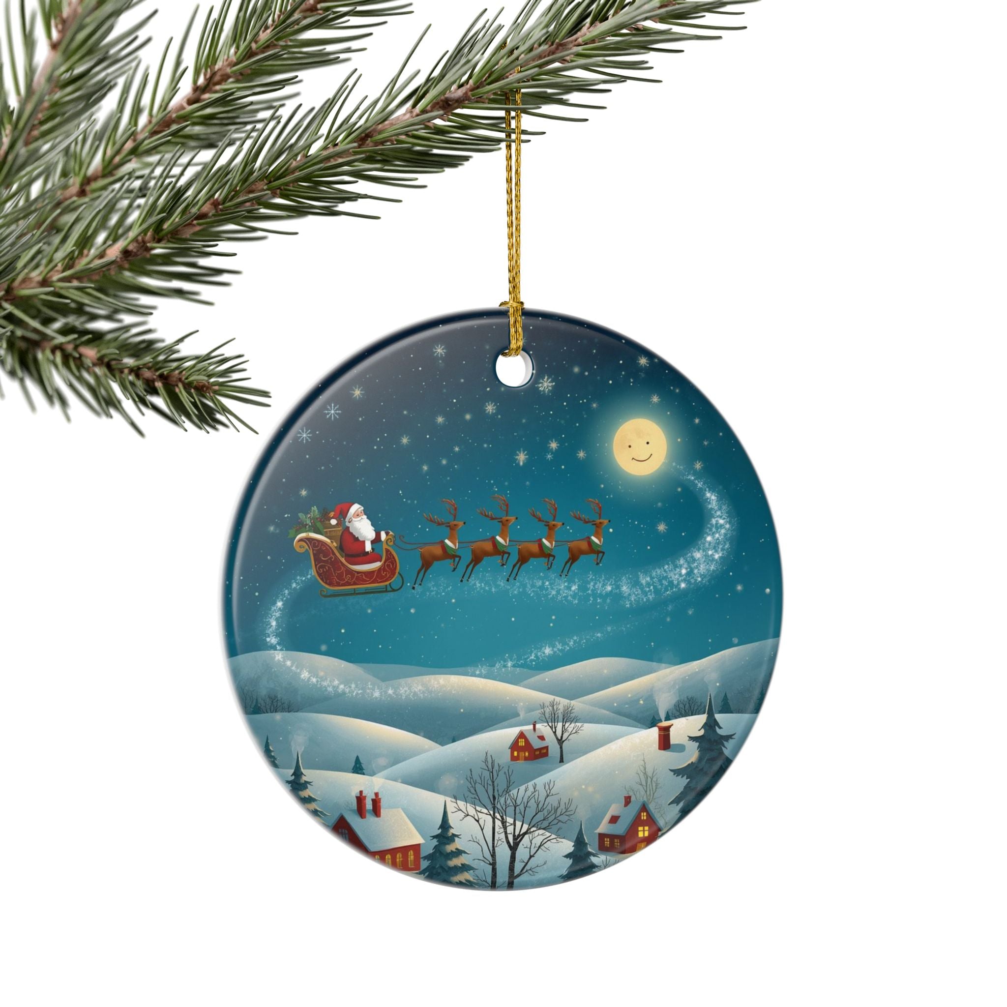 Santa Sleigh Moonlit Village Ornament (Double-Sided)