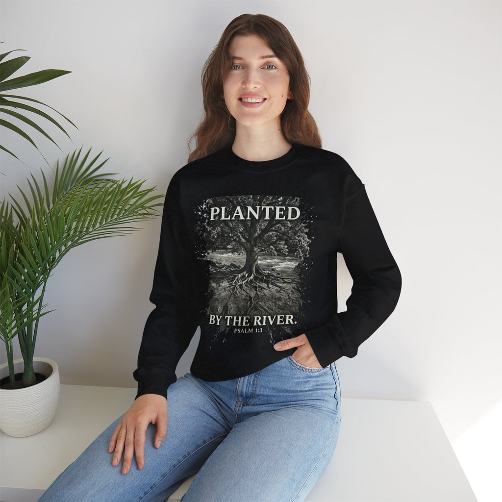 Woman wearing Planted by the River black Christian sweatshirt indoors - Zero FG Psalm 1 faith apparel

