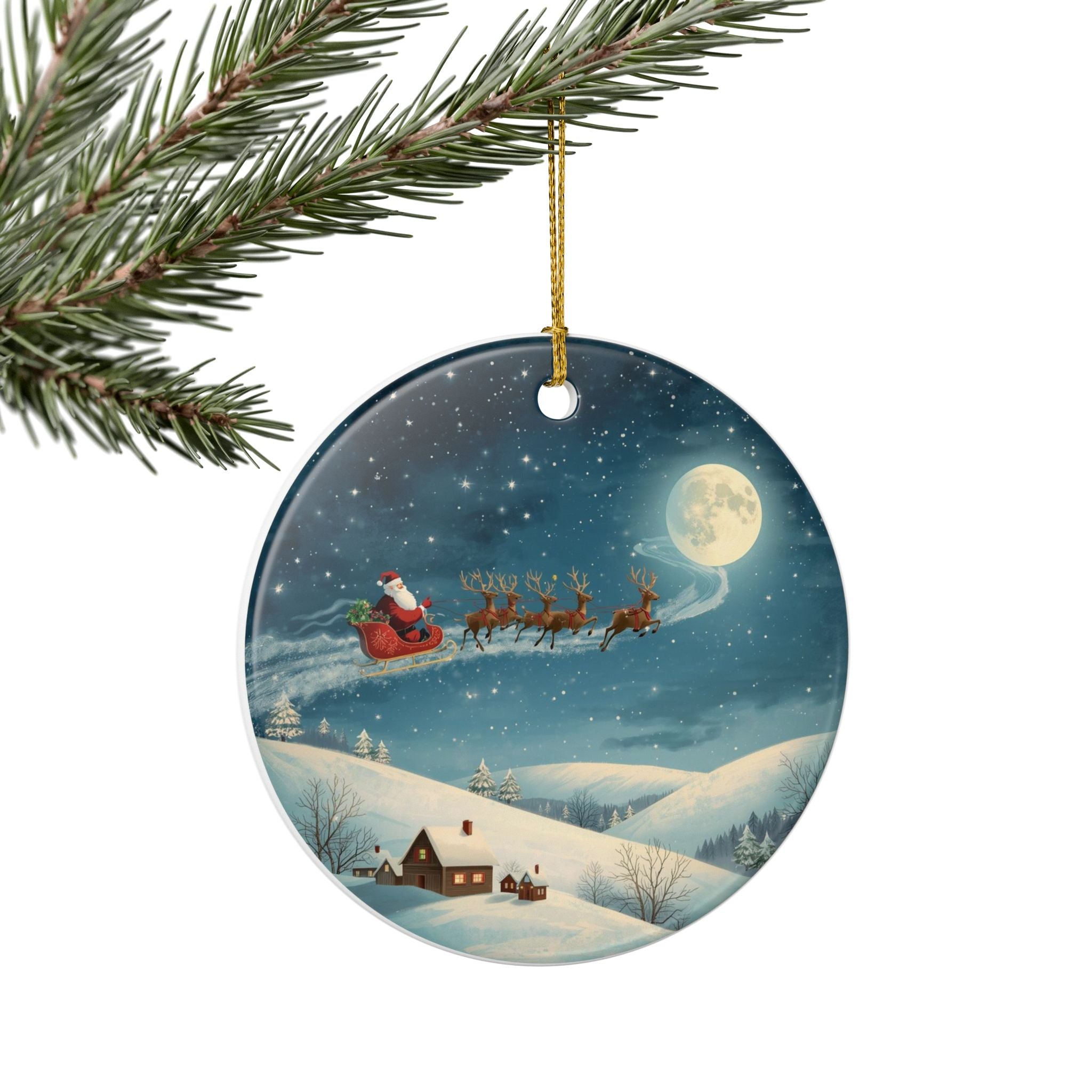 Santa Sleigh Ceramic Ornament — Double-Sided Christmas Decor