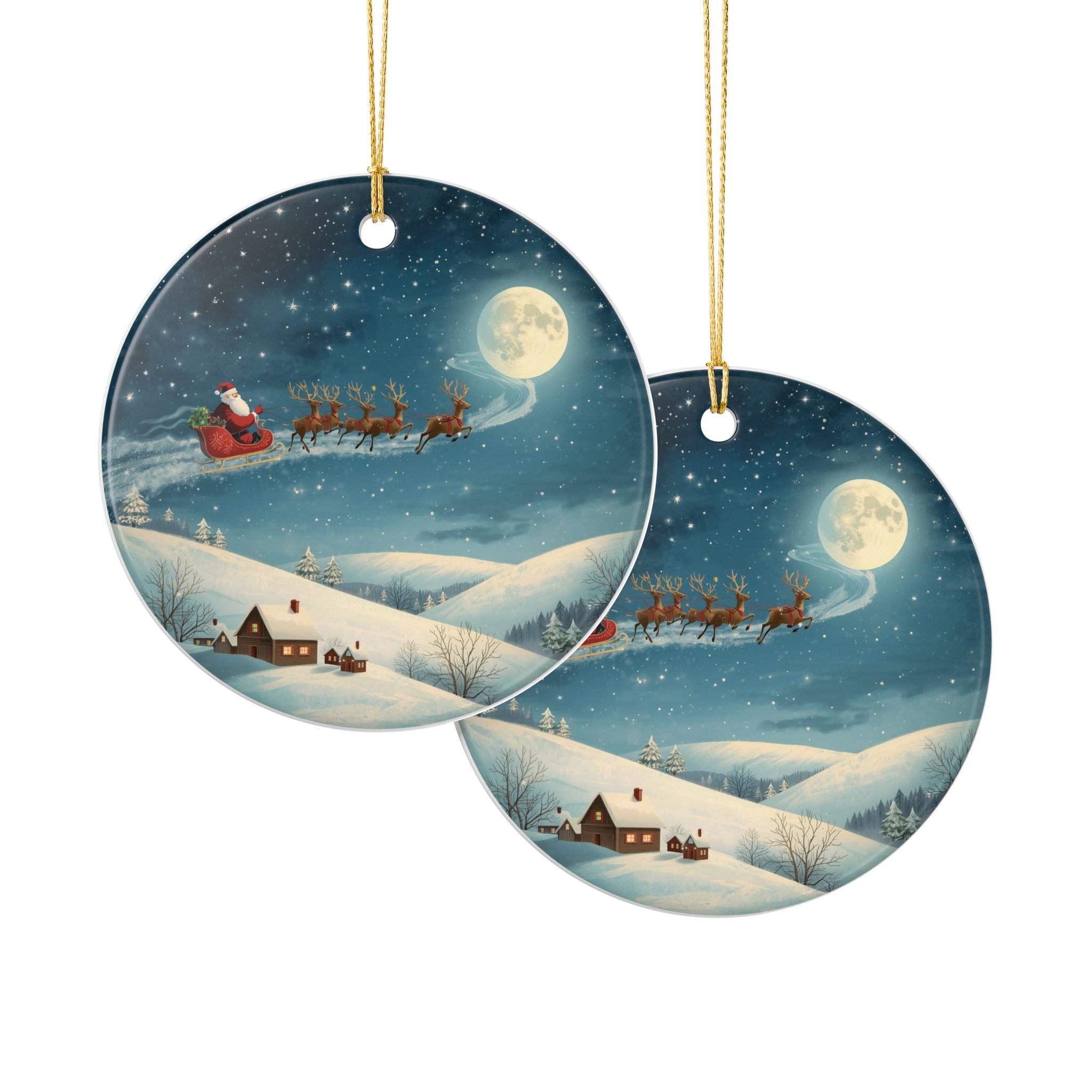 Santa Sleigh Ceramic Ornament — Double-Sided Christmas Decor