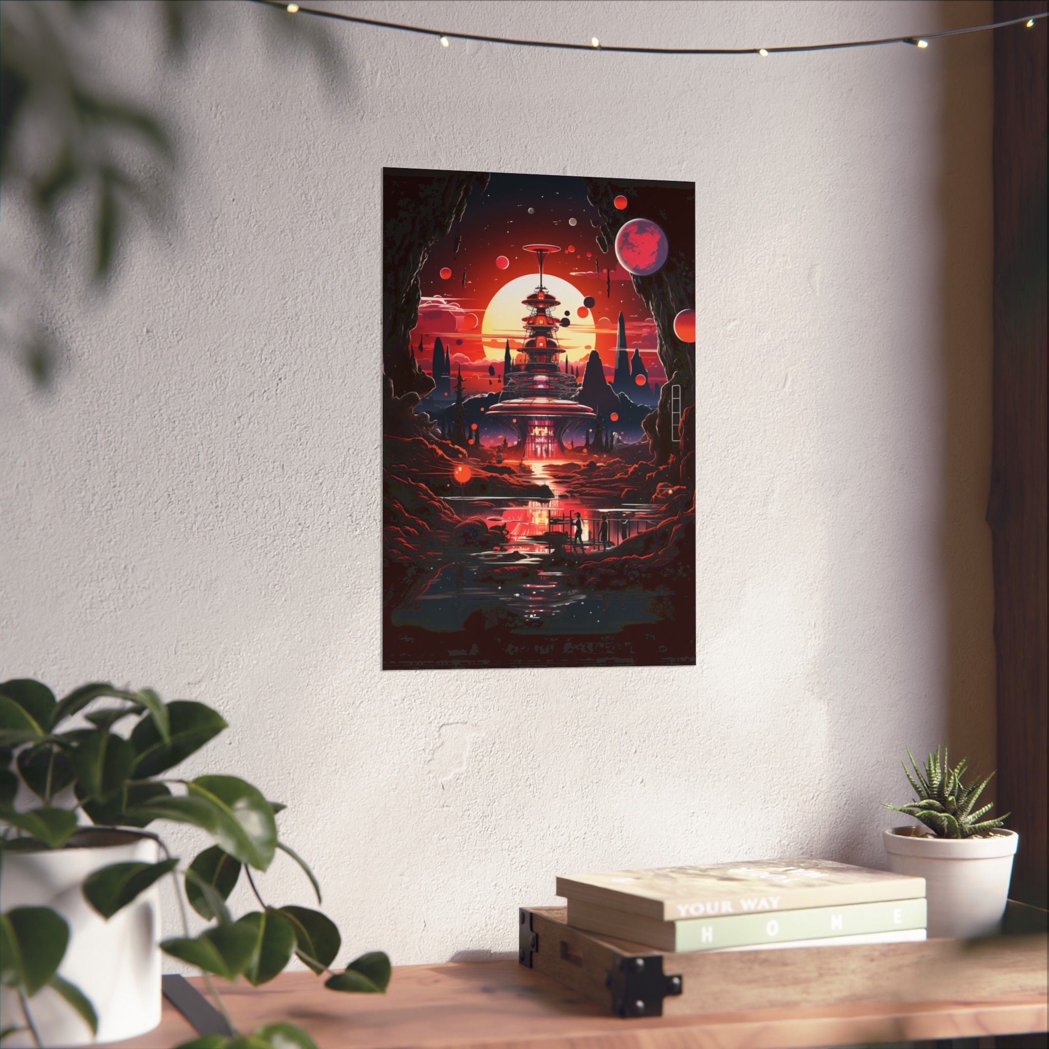 Celestial Tower at Sundown – Retro Galaxy Cityscape Poster (3 Sizes)