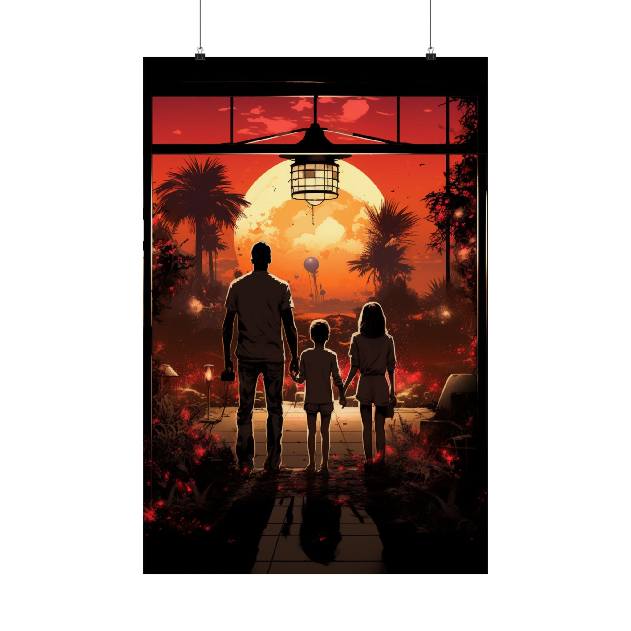 Alien Sunset Family Journey Poster – Retro Sci-Fi Wall Art (3 Sizes)