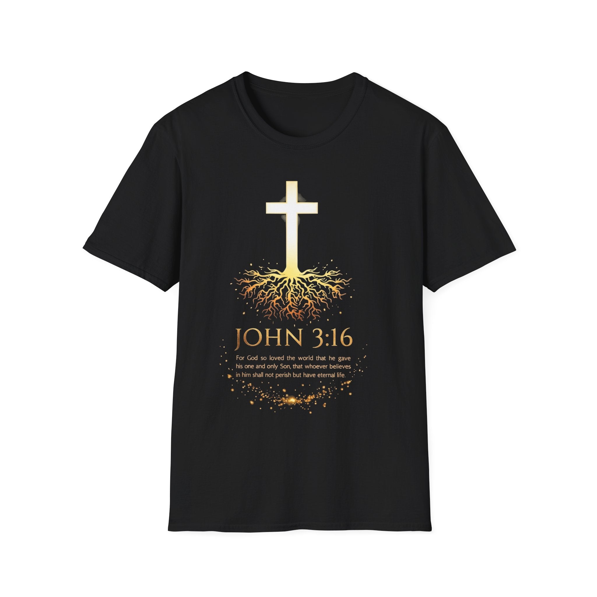Black unisex t-shirt with glowing cross and golden root system design featuring John 3:16 scripture For God so loved the world printed on white background front view