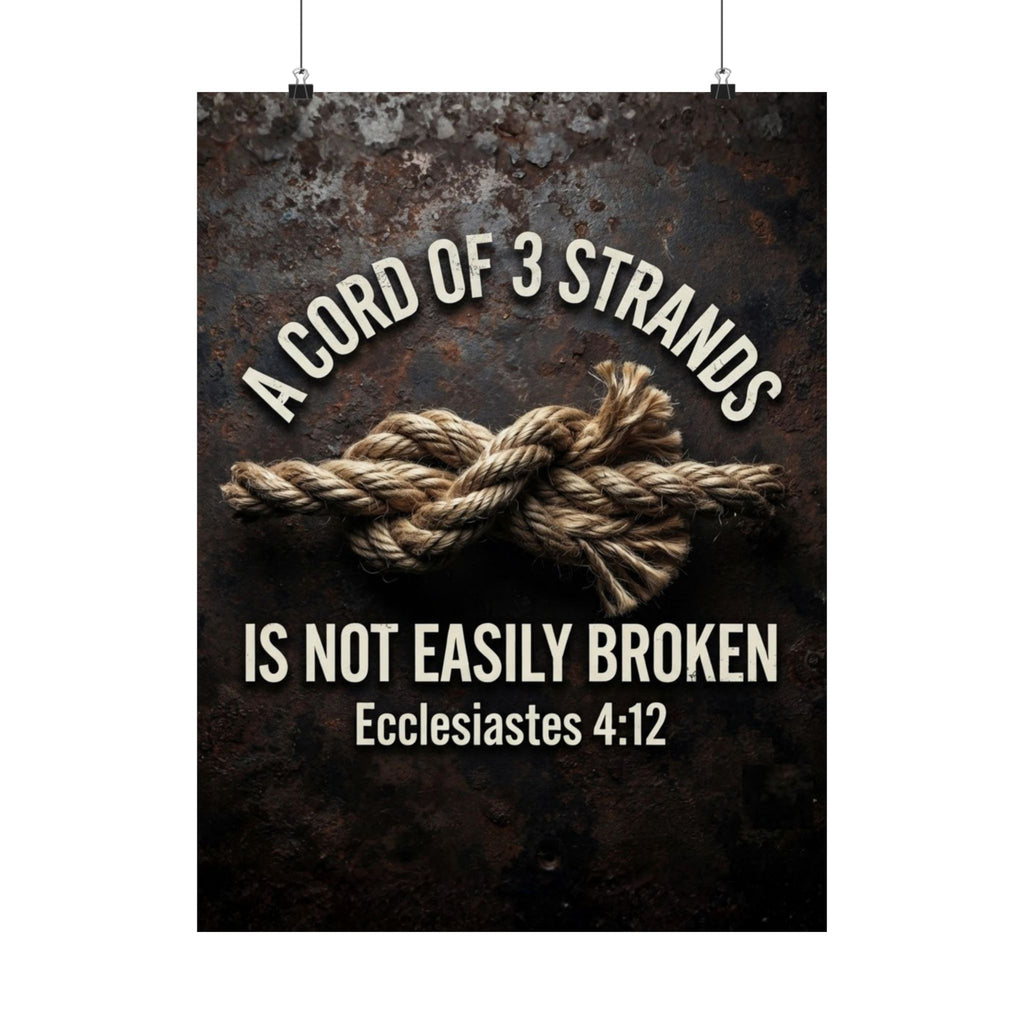 A Cord of 3 Strands Is Not Easily Broken — Ecclesiastes 4:12 matte wall art poster, rope knot on dark textured background, vertical format