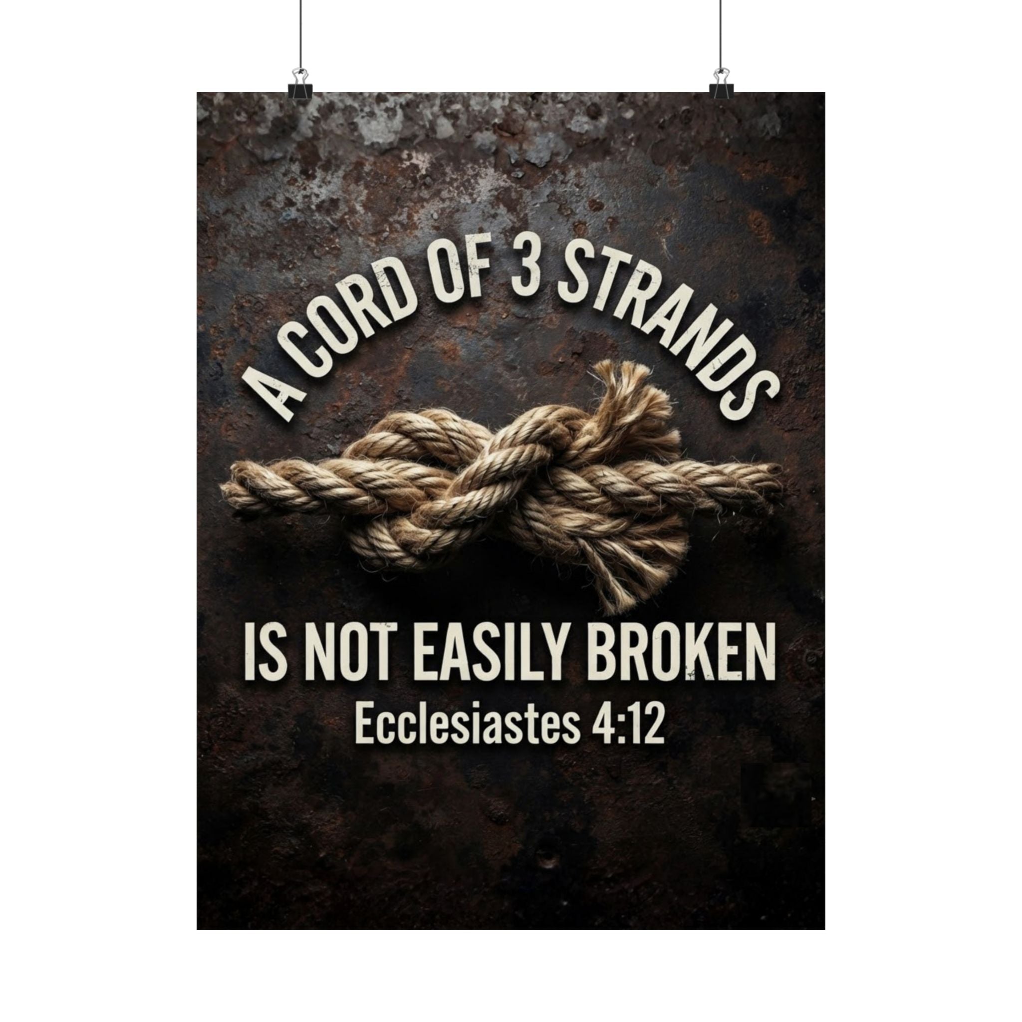 A Cord of 3 Strands Is Not Easily Broken — Ecclesiastes 4:12 matte wall art poster, rope knot on dark textured background, vertical format