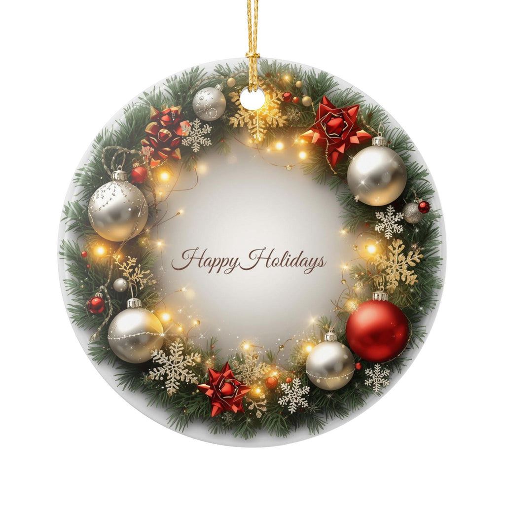 Festive Wreath Ceramic Ornament — Happy Holidays (2-Sided)