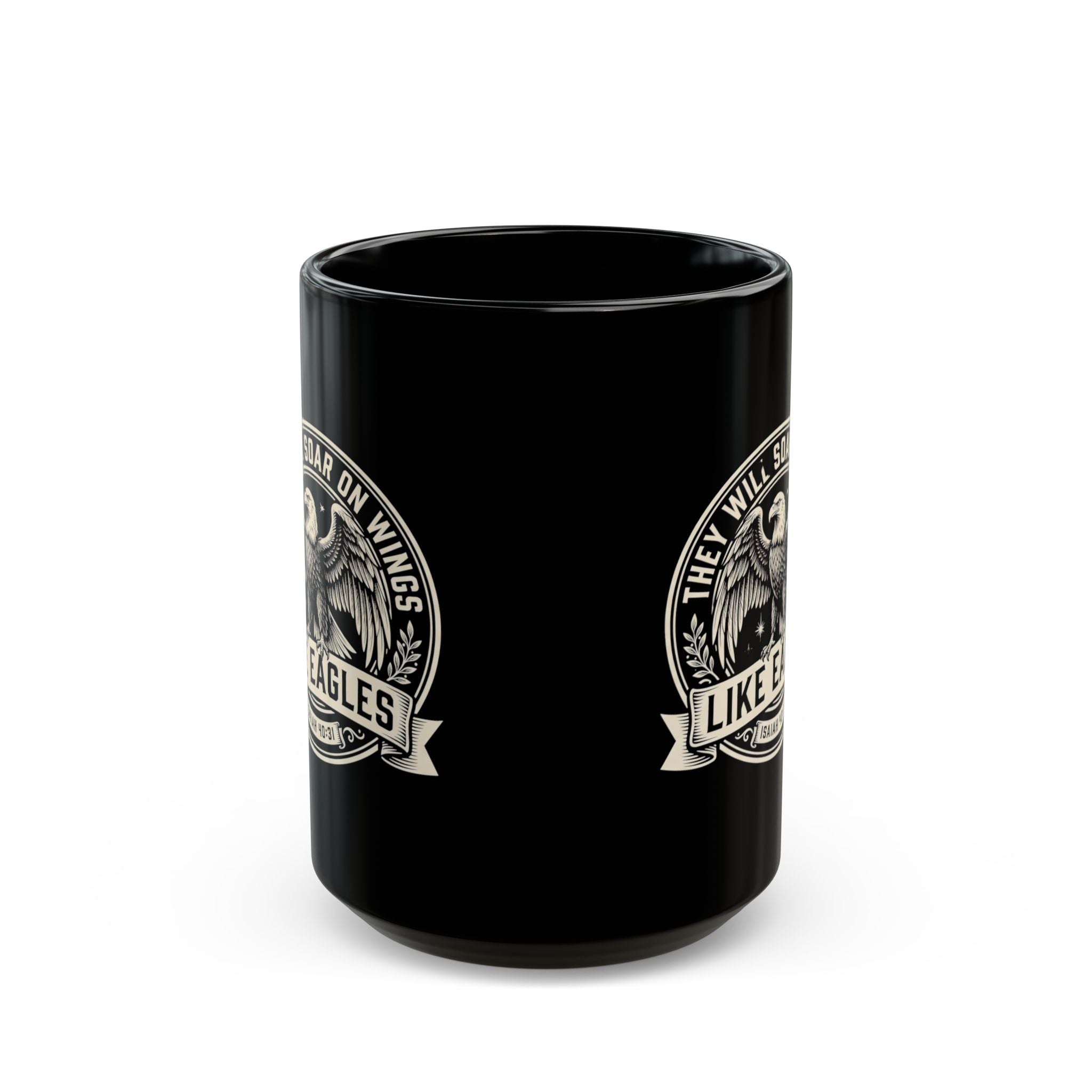 Eagle Emblem Black Ceramic Mug — They Will Soar on Wings Like Eagles — Isaiah 40:31