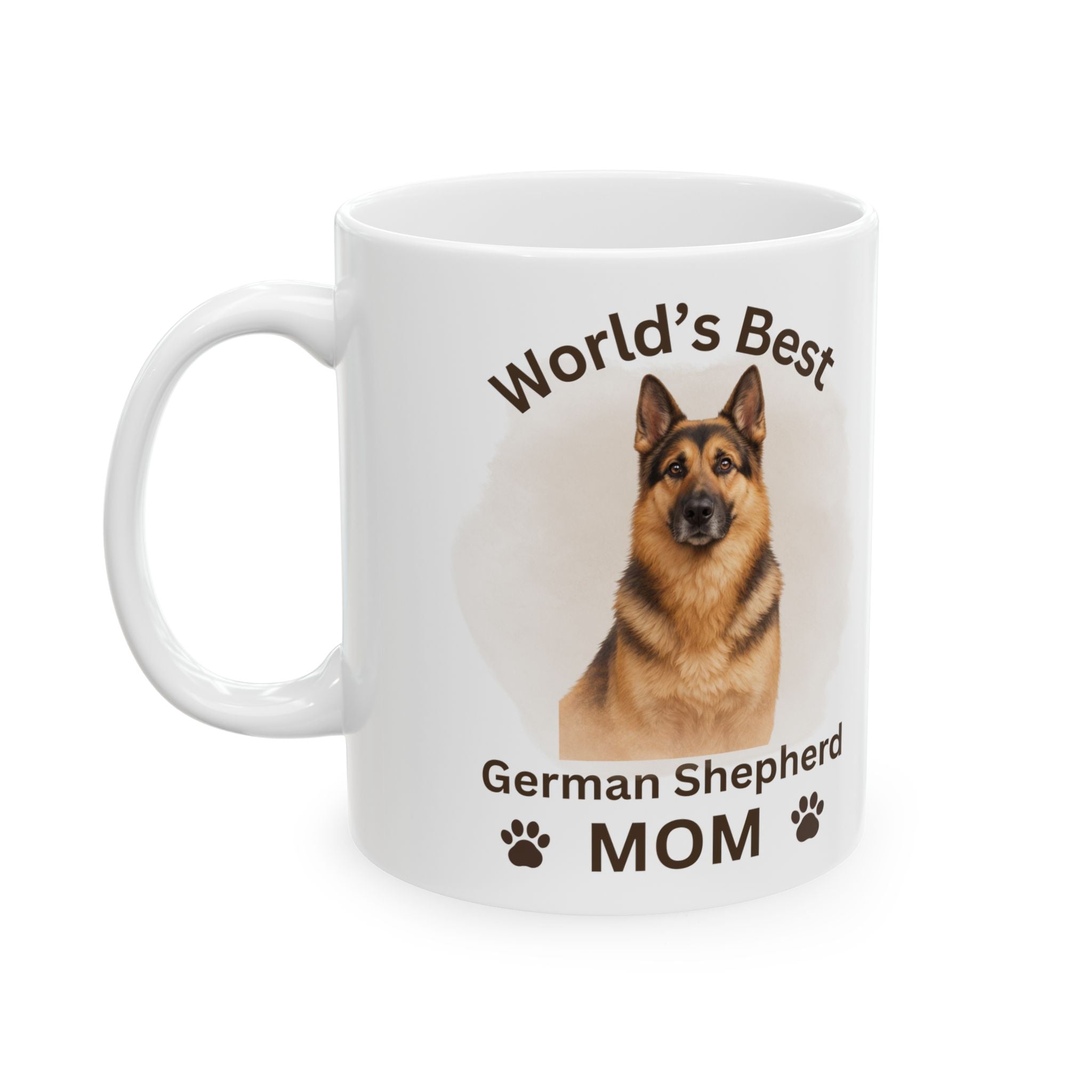 White mug with a German Shepherd design and text on a white background