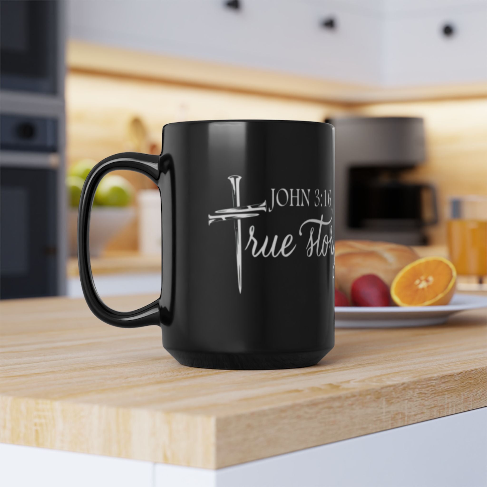 Christian Mug — "John 3:16, True Story" Black Coffee Cup