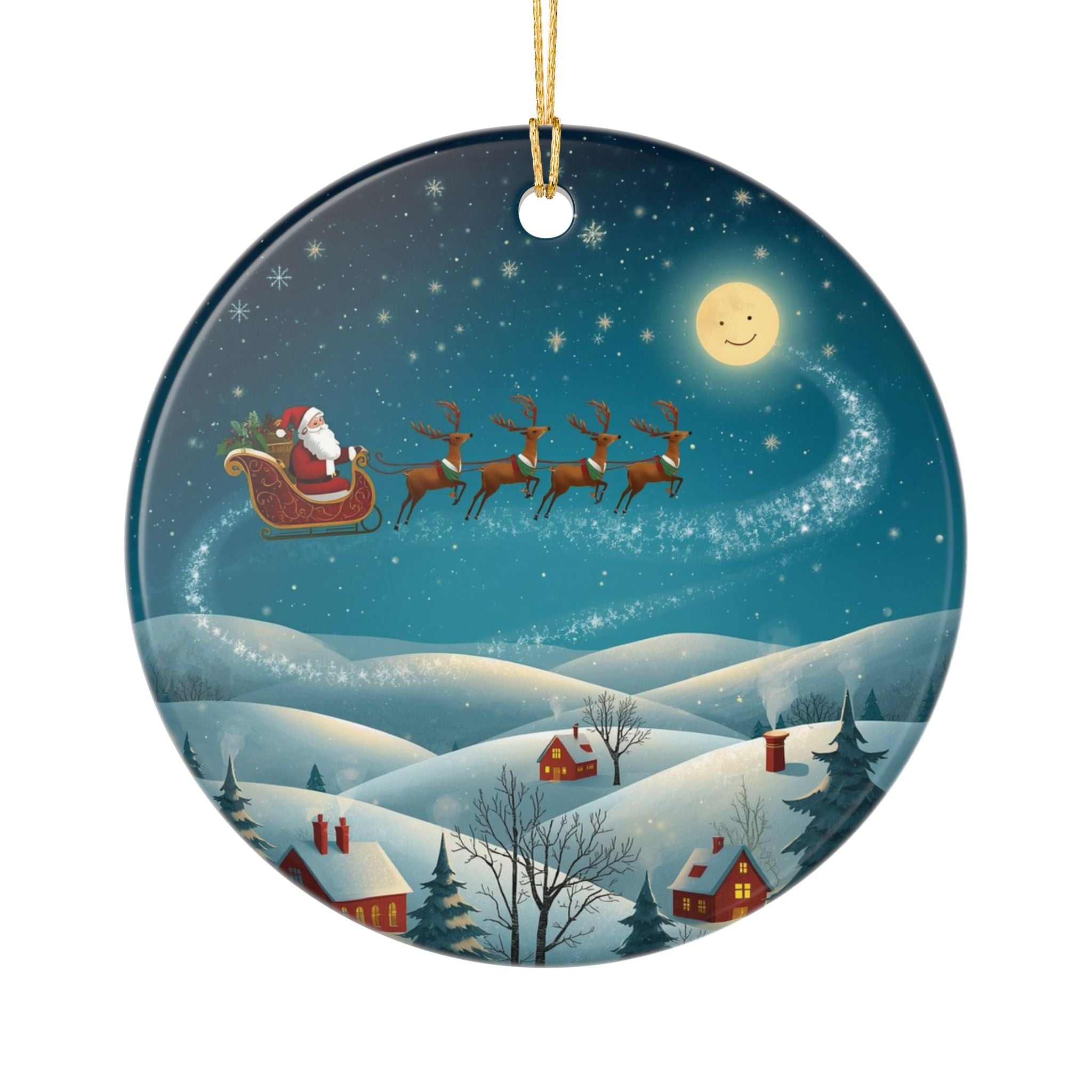 Santa Sleigh over Snowy Village Ceramic Ornament (2-Sided)