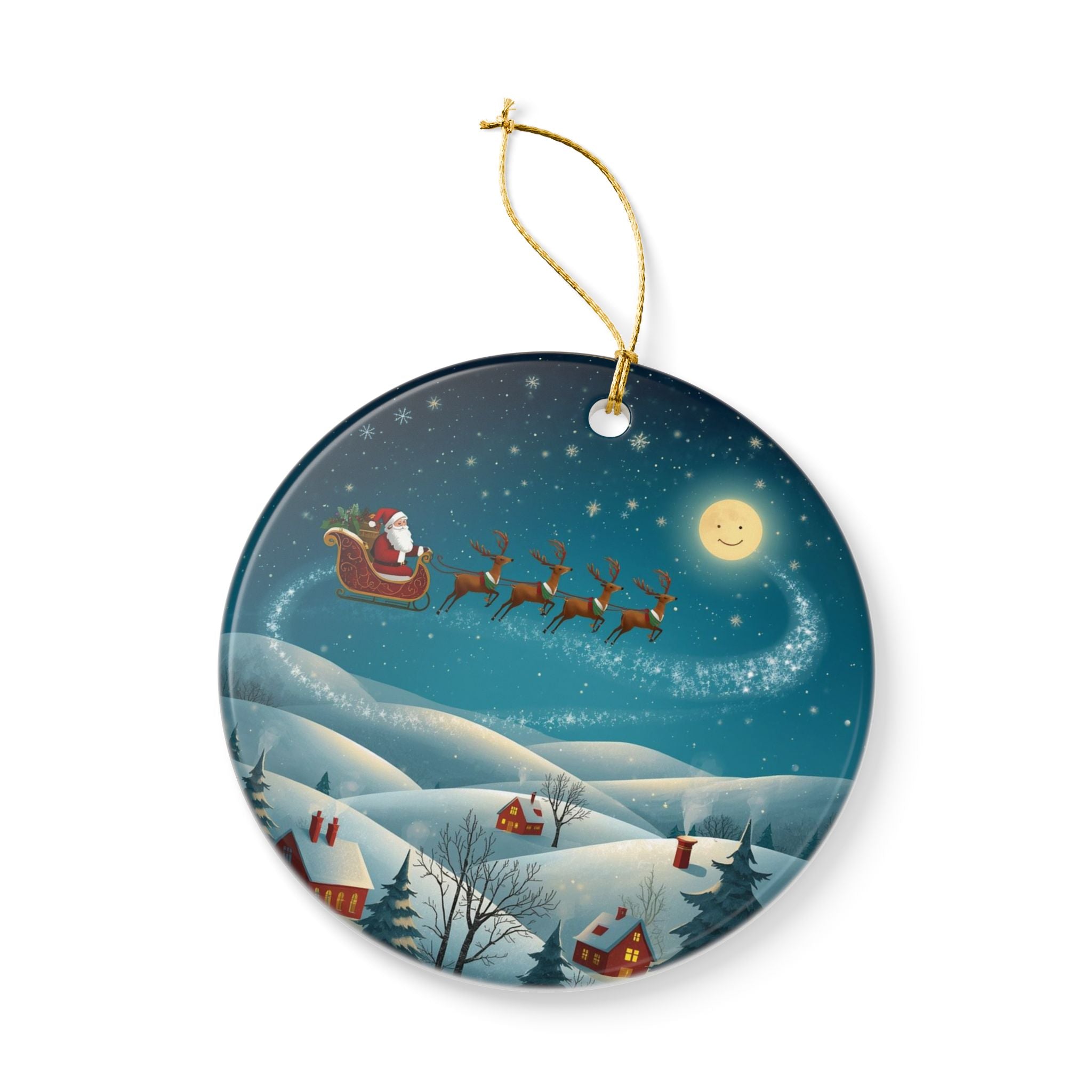 Santa Sleigh over Snowy Village Ceramic Ornament (2-Sided)