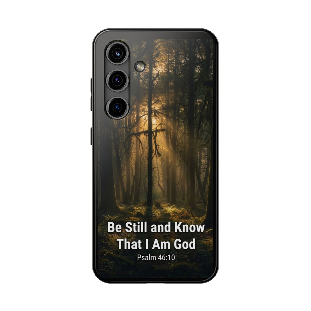 Psalm 46:10 tough phone case with misty forest, golden sunbeams through trees, cross silhouette, and white scripture text on dark background
