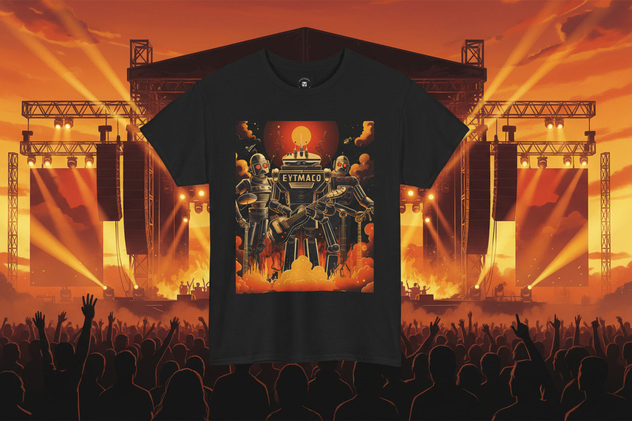 Black t-shirt with robot graphic and 'EYTMACO' text on a white background