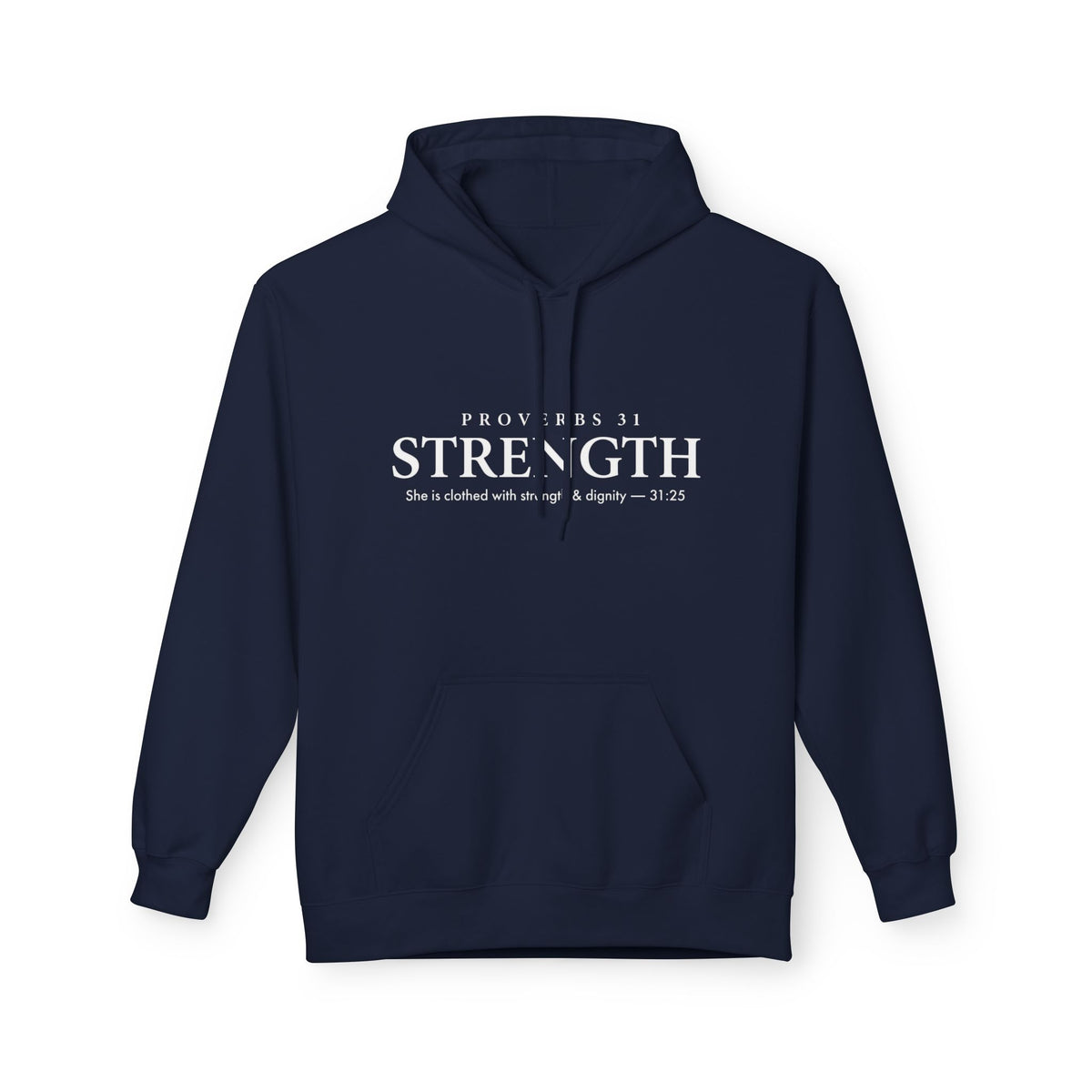Navy Blue Proverbs 31 Strength women's scripture hoodie — She is clothed with strength and dignity Proverbs 31:25 Christian gift