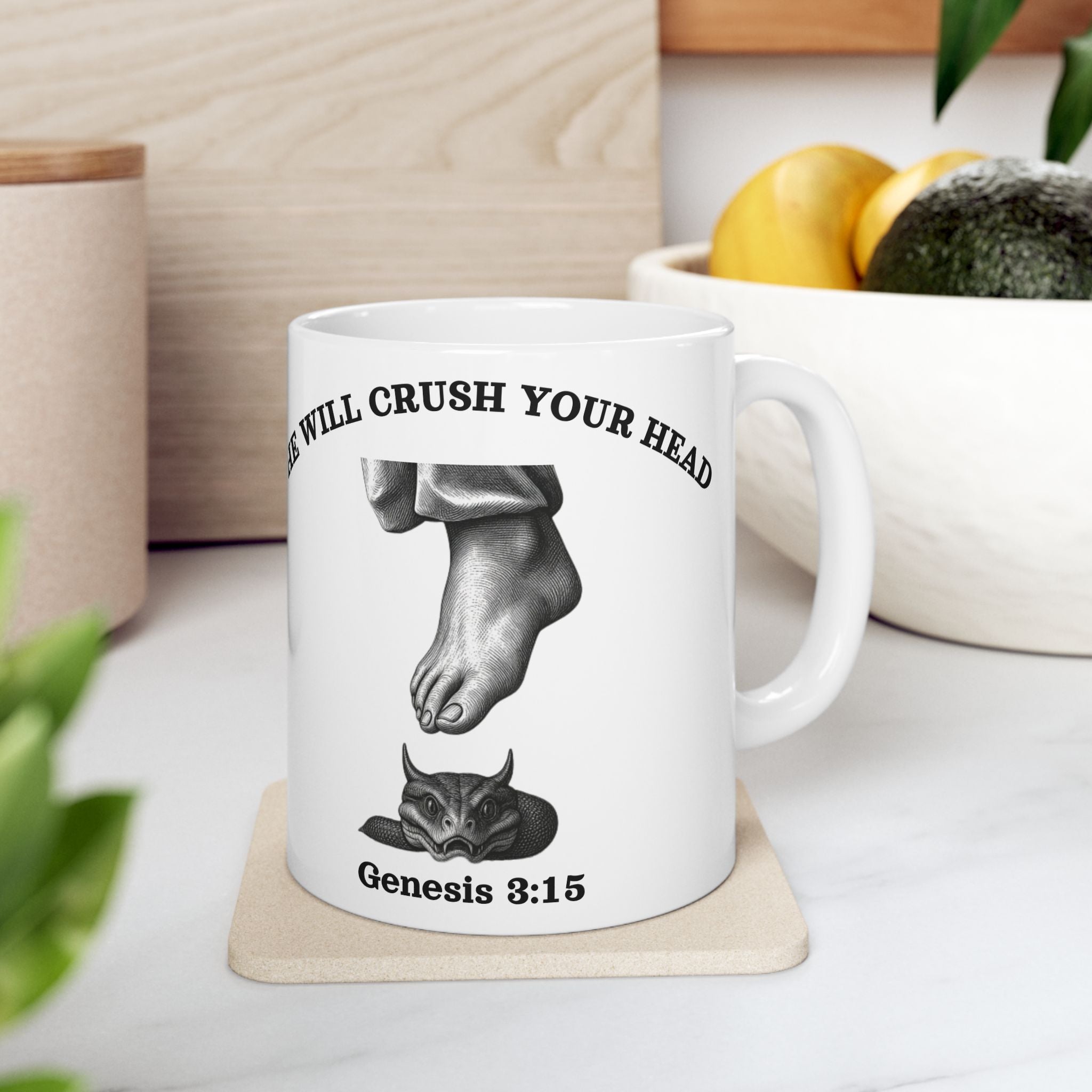 Genesis 3:15 - "He Will Crush Your Head" | Premium 15oz White Coffee Mug
