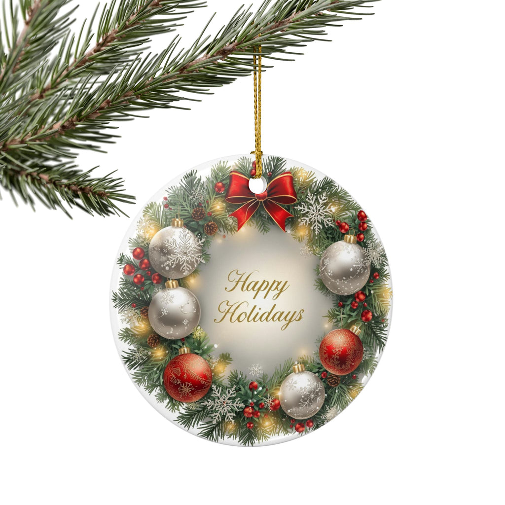 Holiday Wreath Ceramic Ornament — Happy Holidays