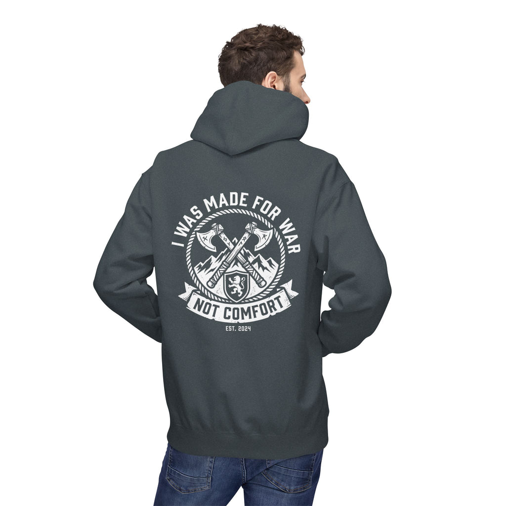 I Was Made for War Not Comfort faith warrior hoodie in charcoal, back print on model