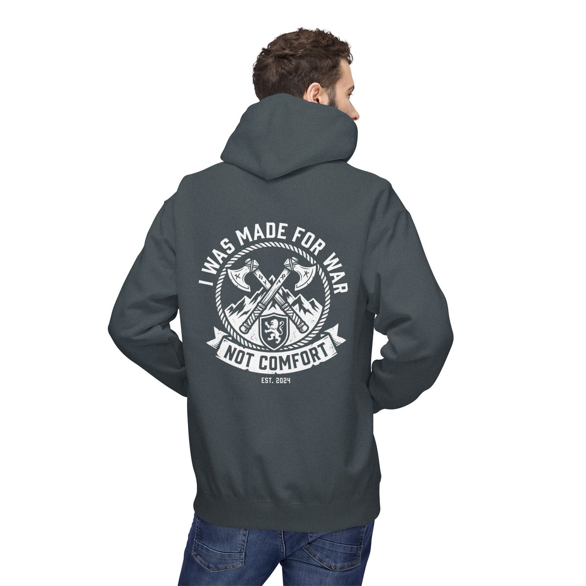 I Was Made for War Not Comfort faith warrior hoodie in charcoal, back print on model
