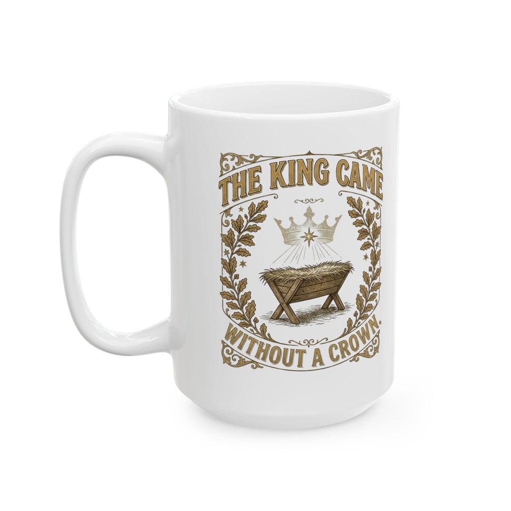 The King Came Without a Crown vintage gold Christmas mug, another view