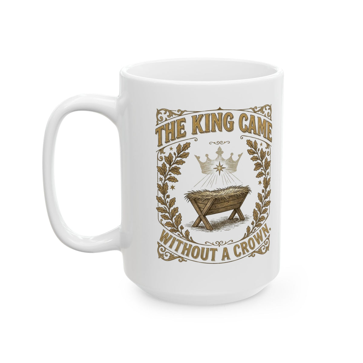 The King Came Without a Crown vintage gold Christmas mug, another view