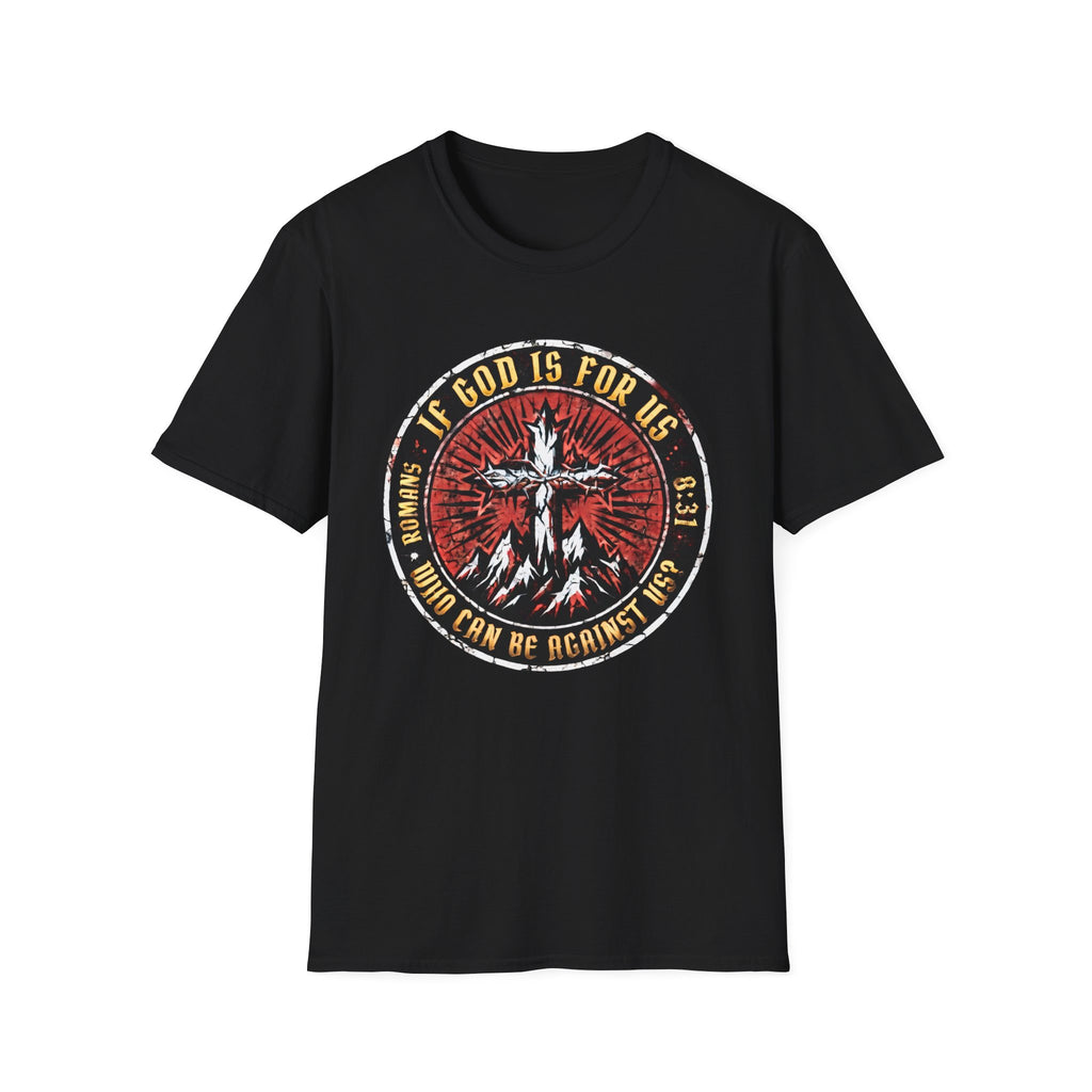 "If God Is For Us" Christian graphic t-shirt in black featuring bold Romans 8:31 circular cross badge design