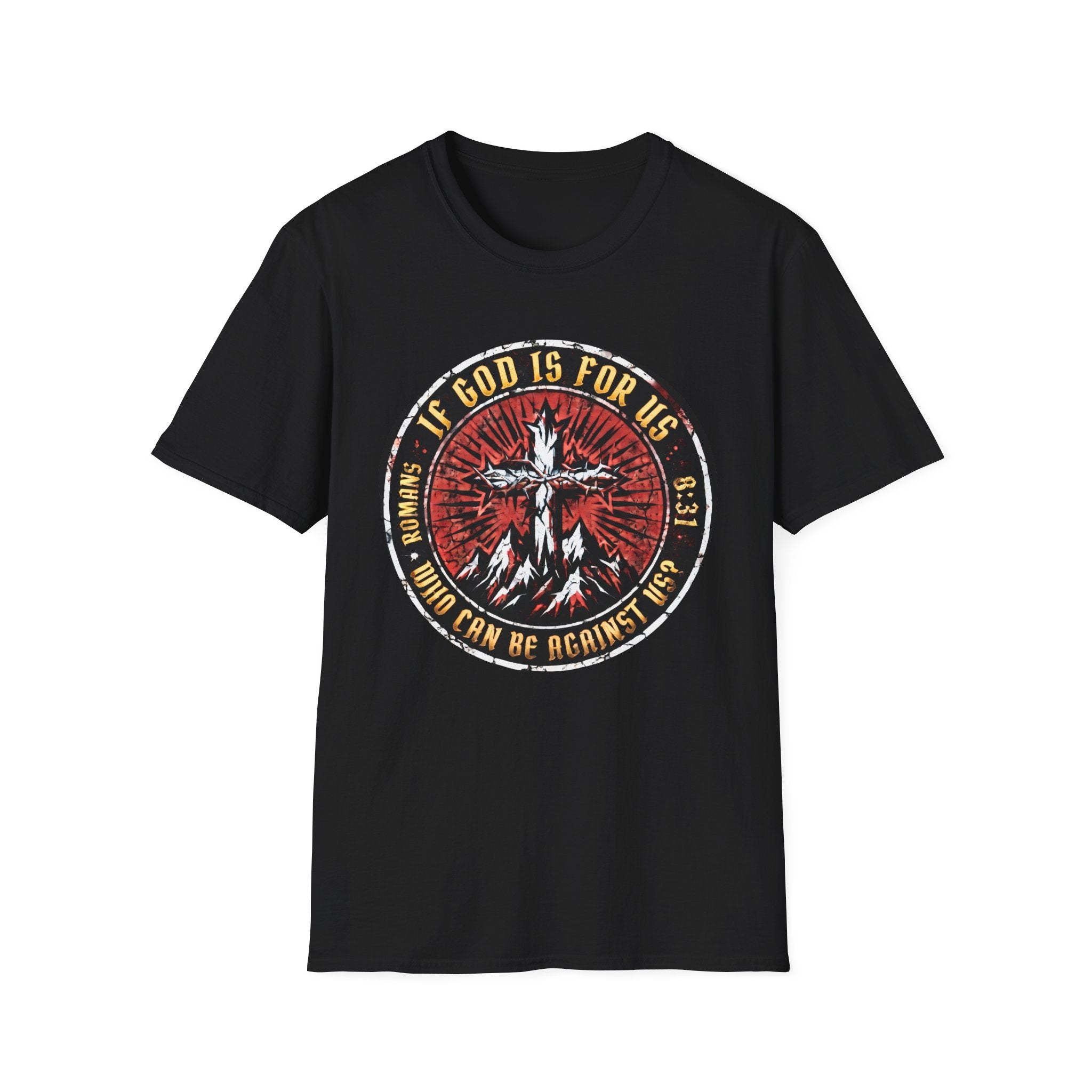 "If God Is For Us" Christian graphic t-shirt in black featuring bold Romans 8:31 circular cross badge design