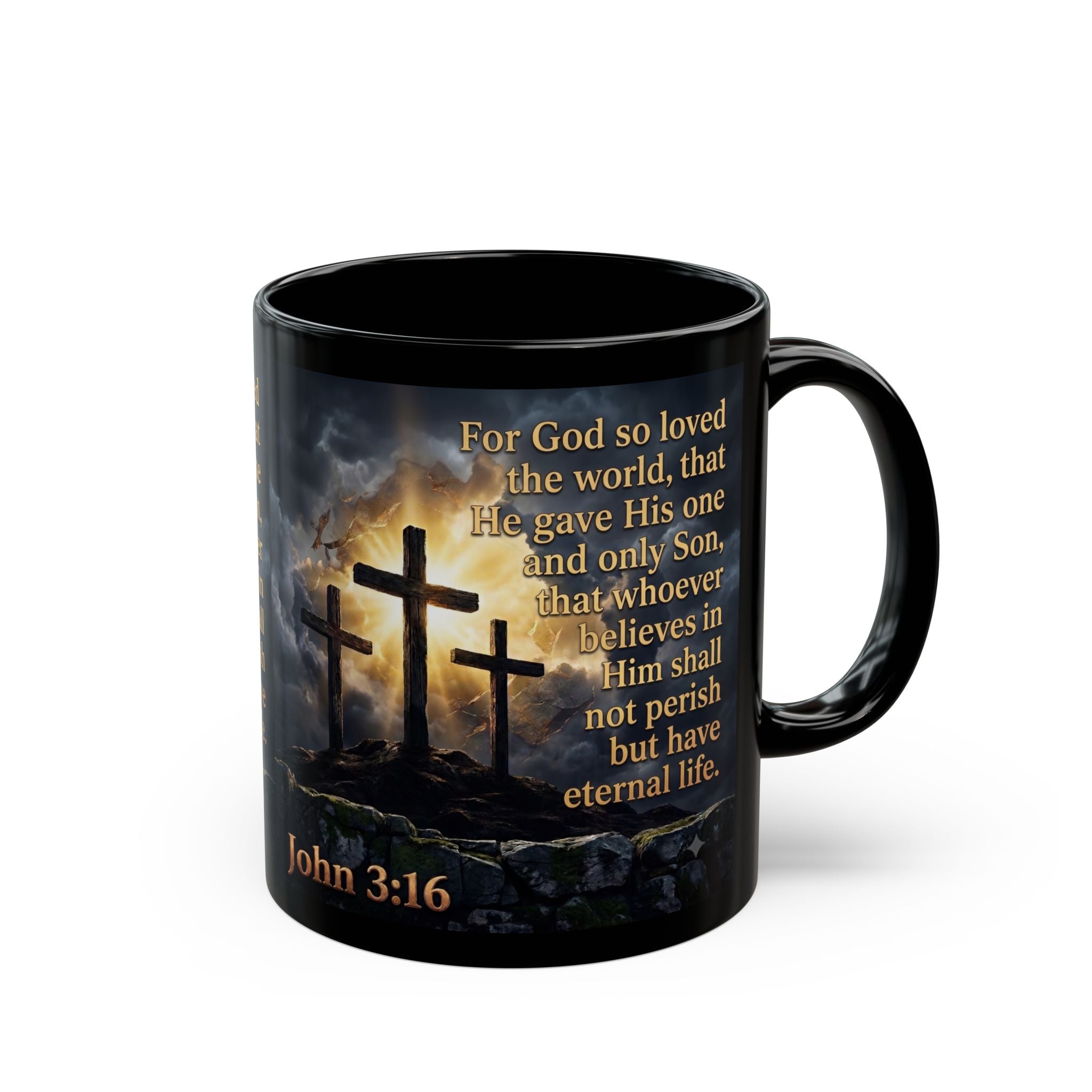 John 3:16 Black Christian Mug — Three Crosses Scripture Design
