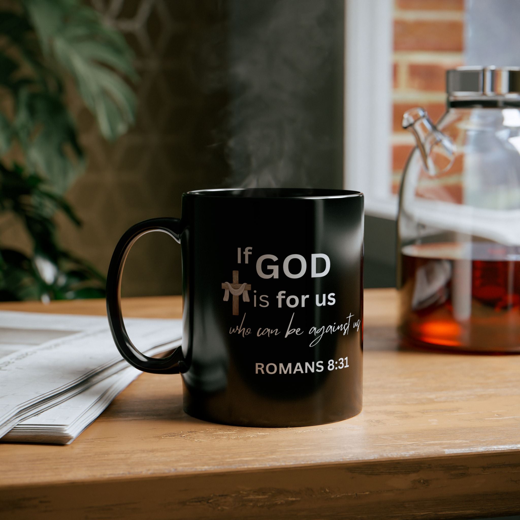 Romans 8:31 Black Coffee Mug – If God Is For Us Who Can Be Against Us – Christian Faith Mug with Cross & Cloth