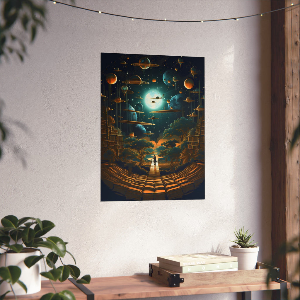 Cosmic Library of Worlds Poster – Retro Sci-Fi Fantasy Wall Art (3 Sizes)