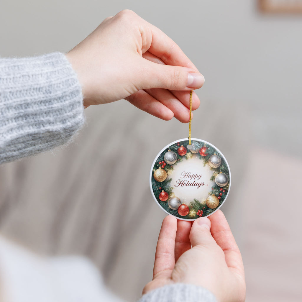 Festive Wreath Ceramic Ornament — Double-Sided Holiday Decor