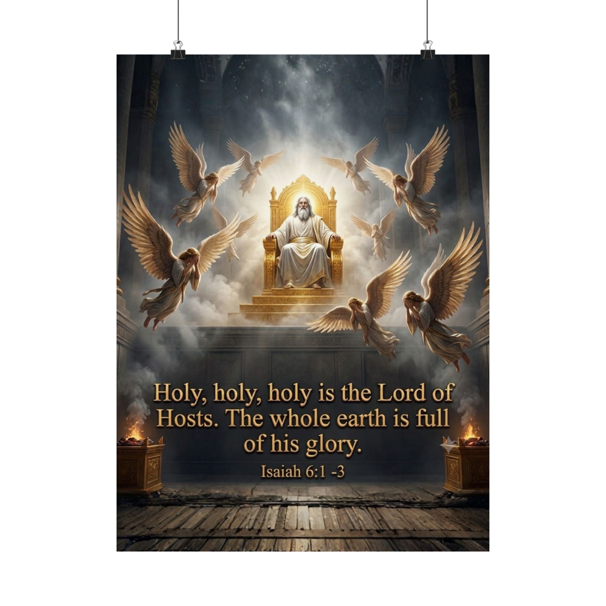 Holy Holy Holy Isaiah 6:1-3 vertical art poster showing God on golden throne surrounded by seraphim, gold serif scripture text