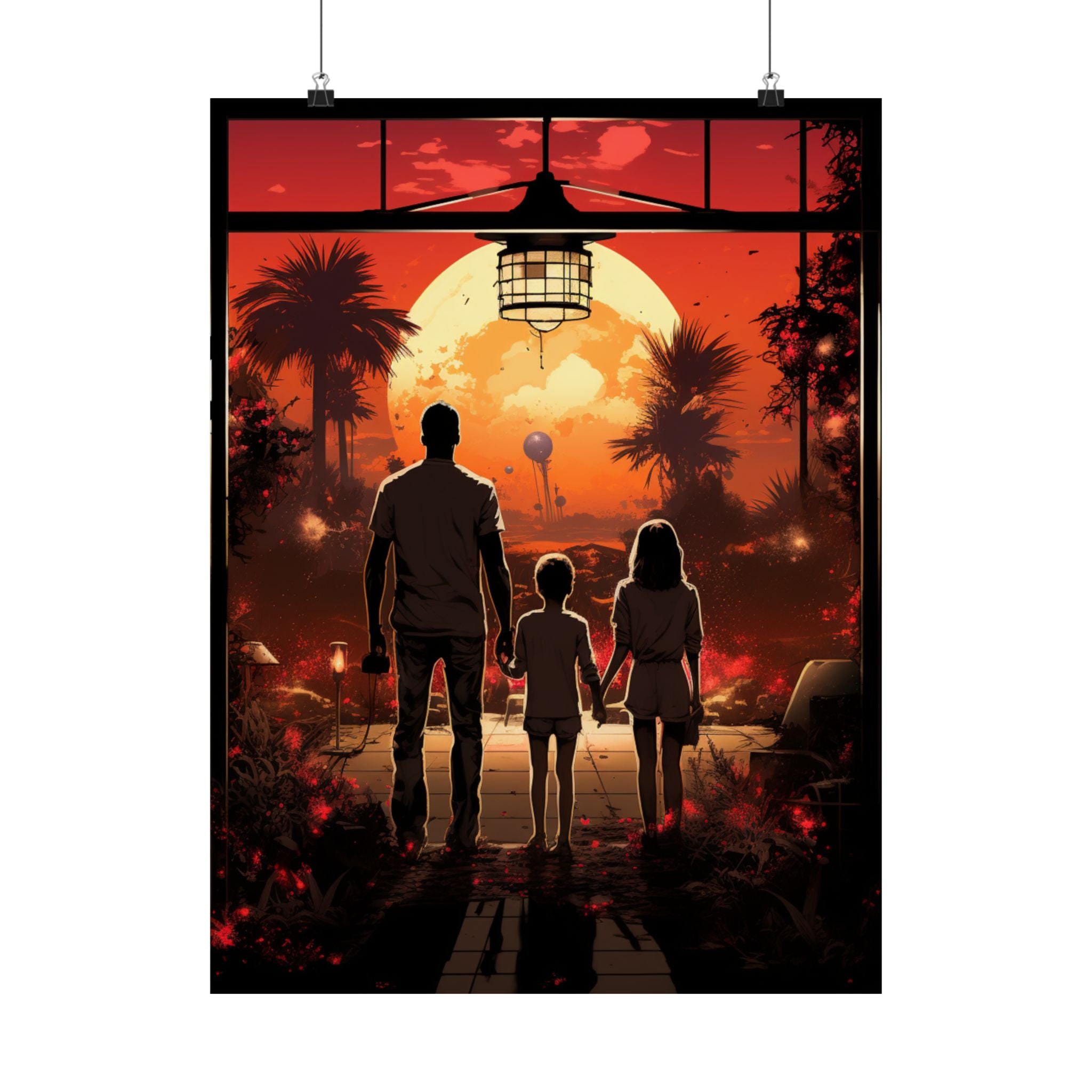 Alien Sunset Family Journey Poster – Retro Sci-Fi Wall Art (3 Sizes)