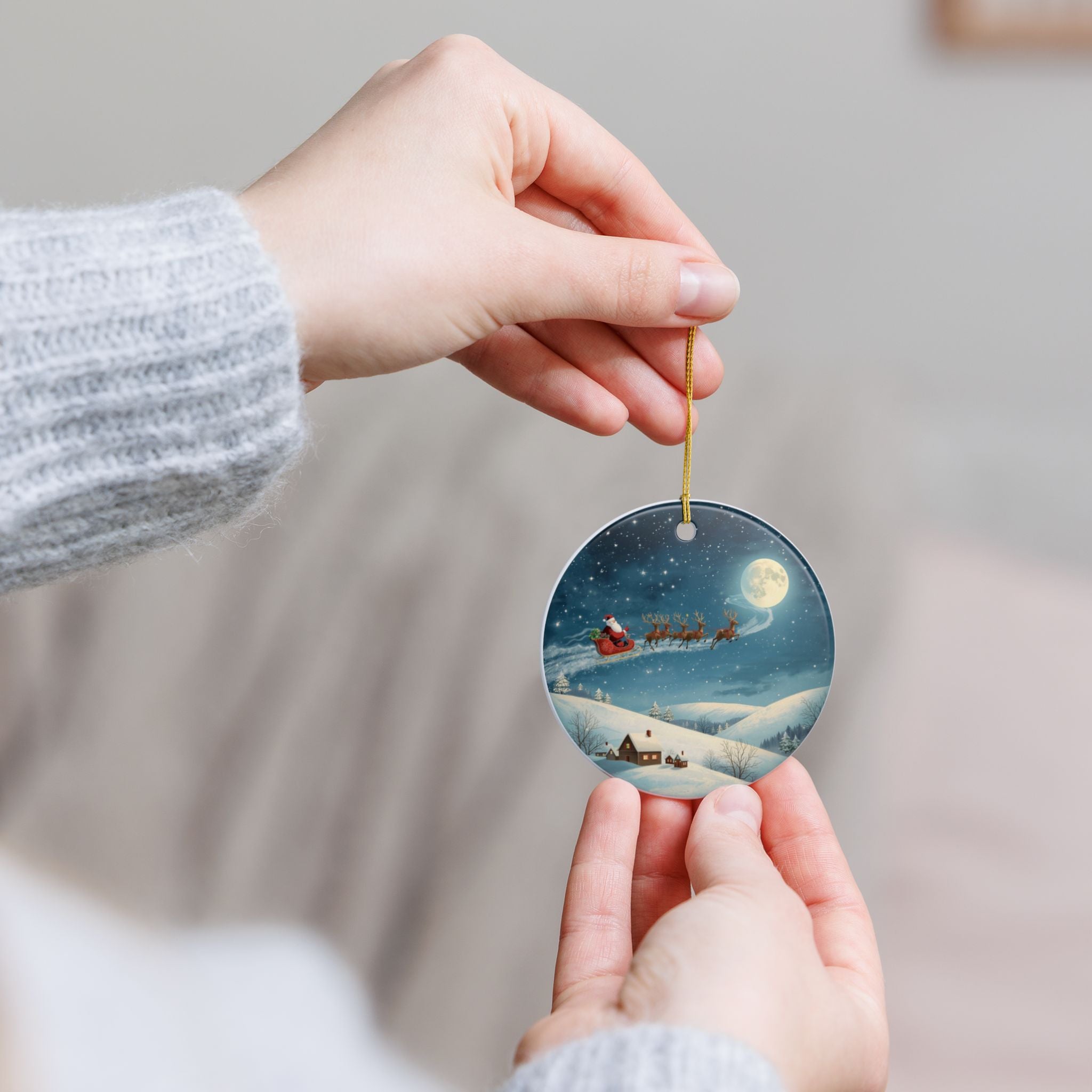 Santa Sleigh Ceramic Ornament — Double-Sided Christmas Decor