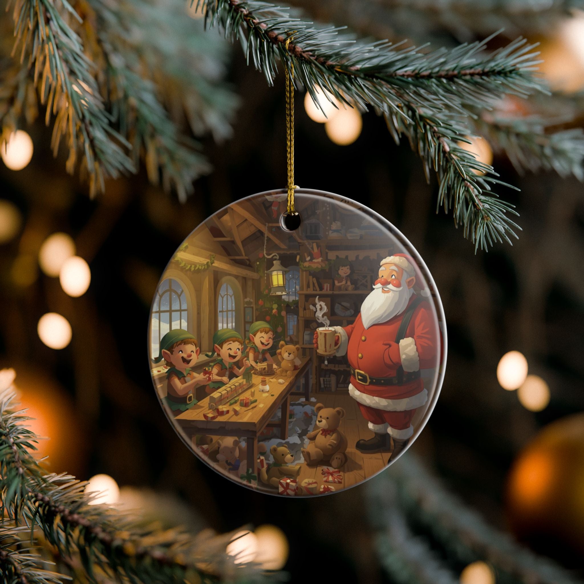 Santa & Elves Workshop Ornament — Holiday Scene