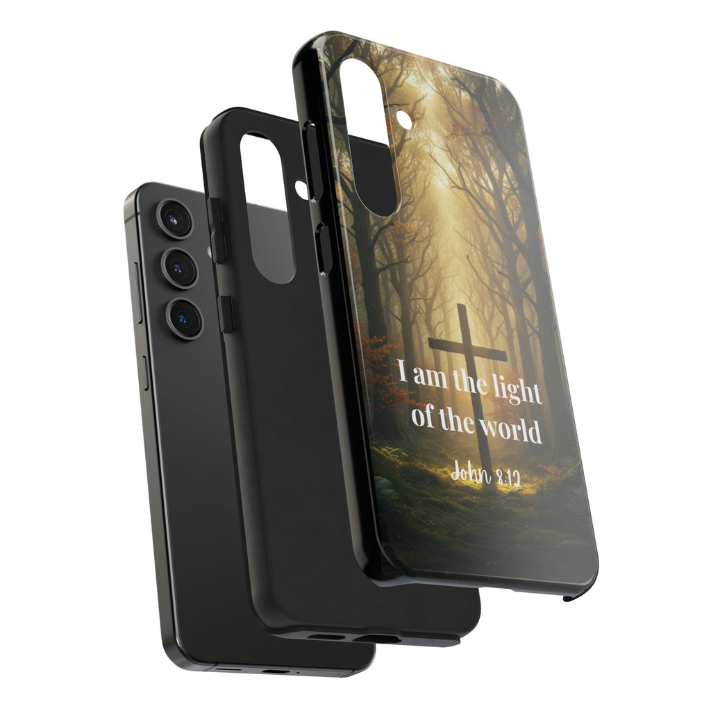 Christian Phone Case — "I Am the Light of the World" (John 8:12) Forest Cross Design