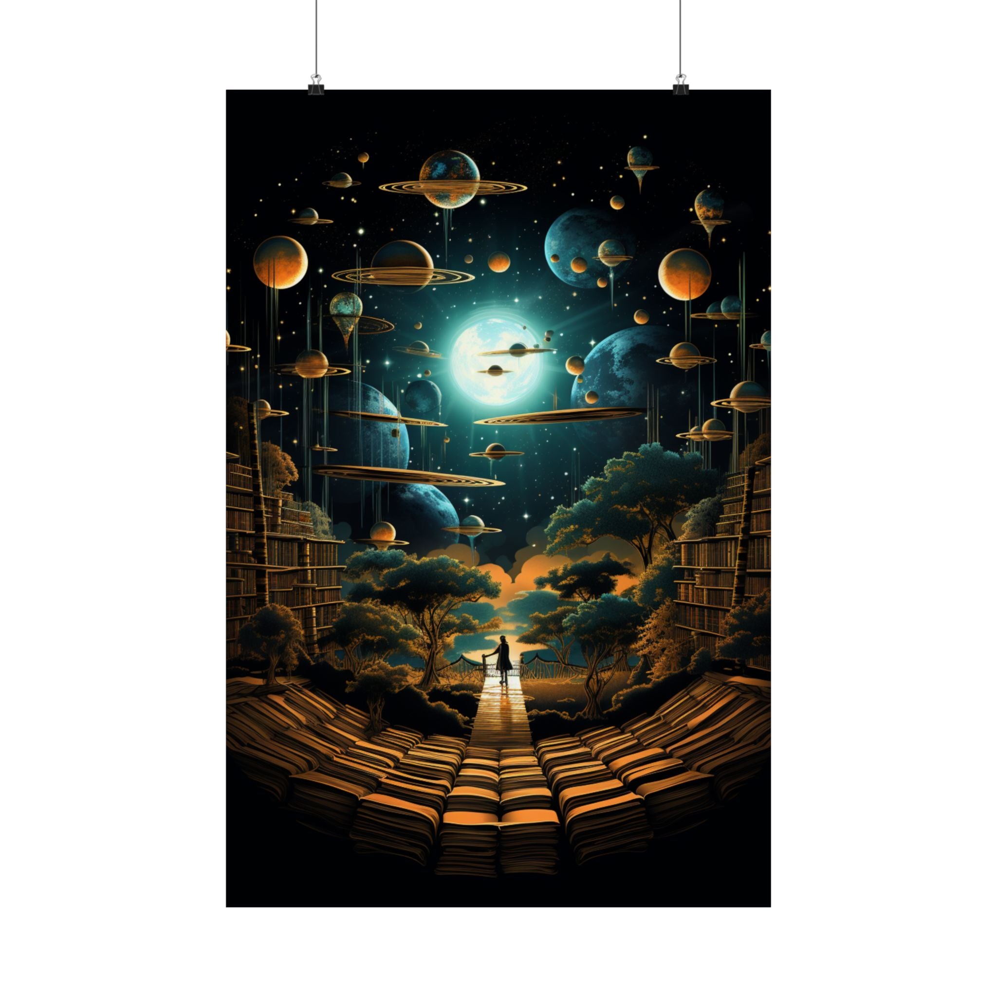 Cosmic Library of Worlds Poster – Retro Sci-Fi Fantasy Wall Art (3 Sizes)