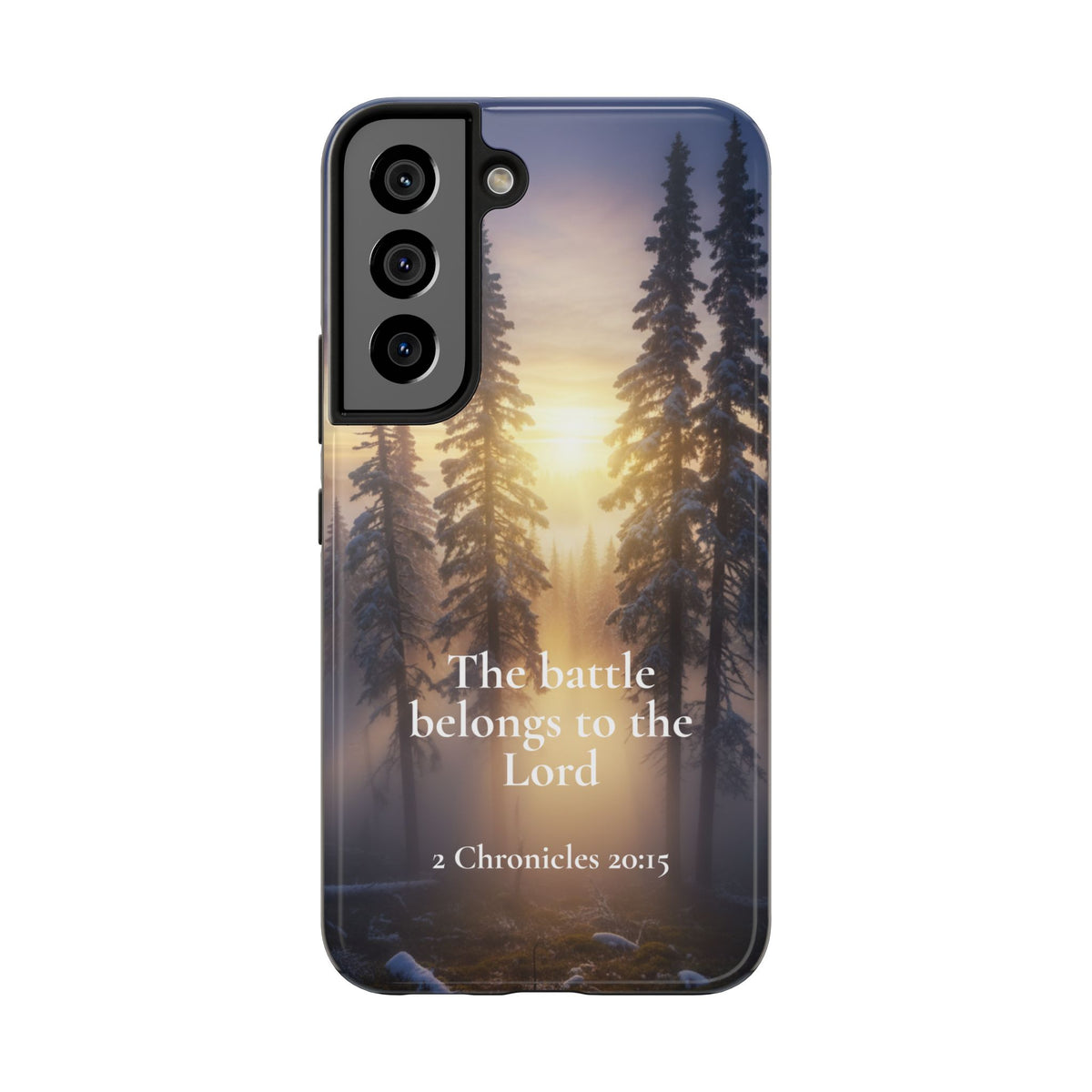 Christian Phone Case — "The Battle Belongs to the Lord" (2 Chronicles 20:15) Forest Sunrise Design