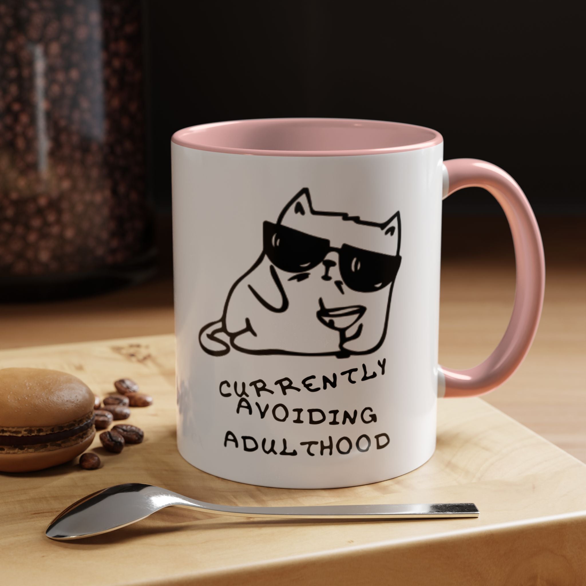 Currently Avoiding Adulthood Cat Mug – Funny Sketch Cartoon Coffee Cup