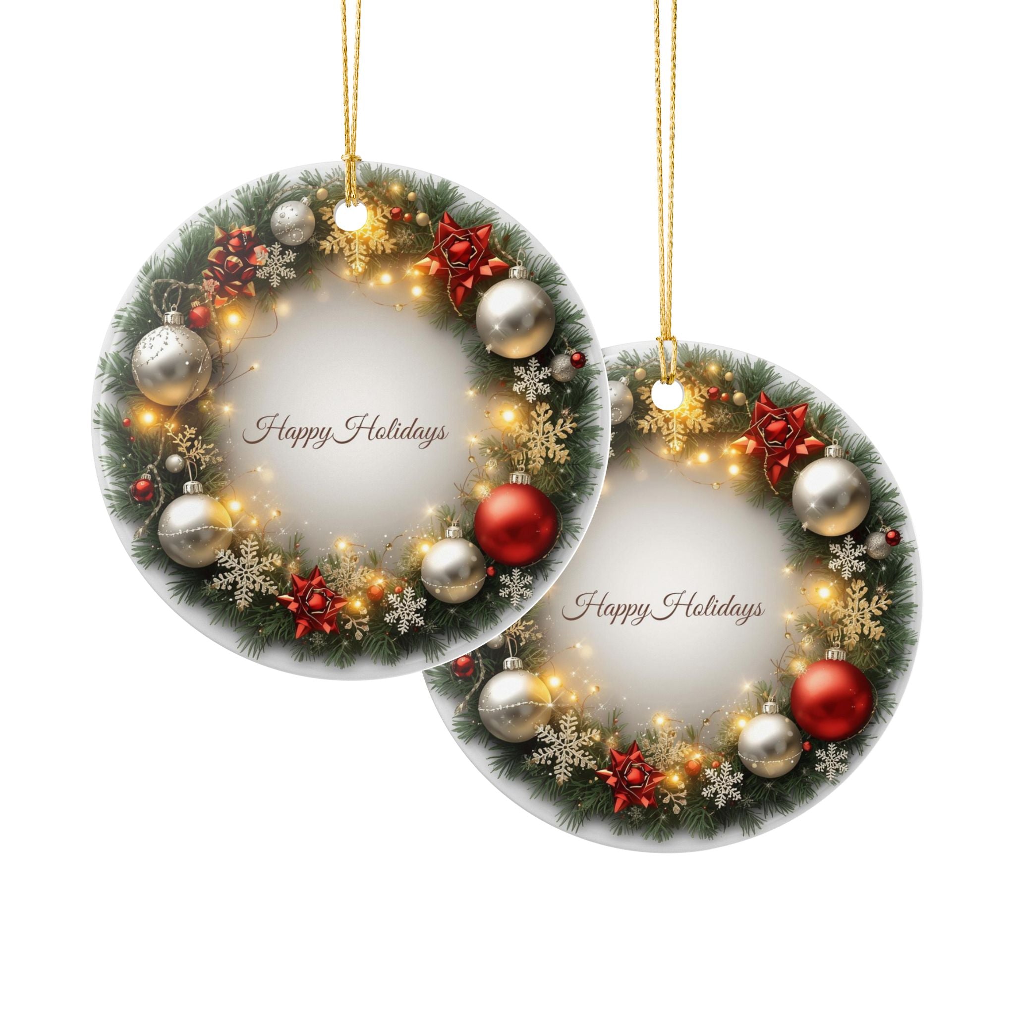 Festive Wreath Ceramic Ornament — Happy Holidays (2-Sided)