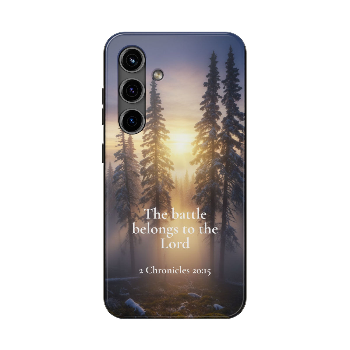  2 Chronicles 20:15 tough phone case with misty mountain pine trees and golden sunrise burst — "The Battle Belongs to the Lord" Christian faith phone case for iPhone and Samsung