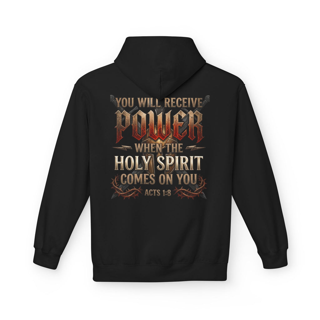  Back view of a black pullover hoodie featuring the bold Acts 1:8 "You Will Receive Power When the Holy Spirit Comes On You" graphic design in gold, red, and stone lettering on a clean black background.