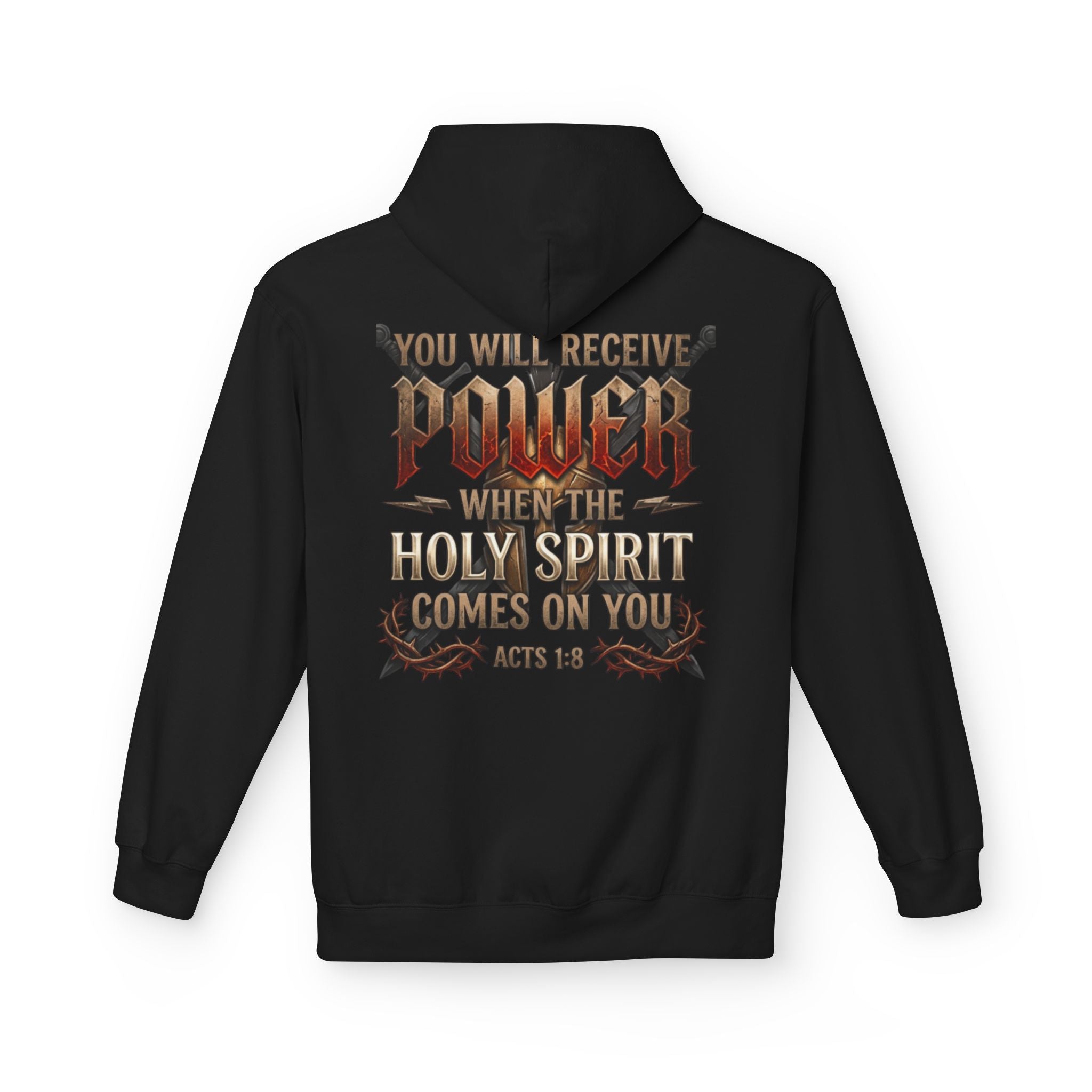  Back view of a black pullover hoodie featuring the bold Acts 1:8 "You Will Receive Power When the Holy Spirit Comes On You" graphic design in gold, red, and stone lettering on a clean black background.