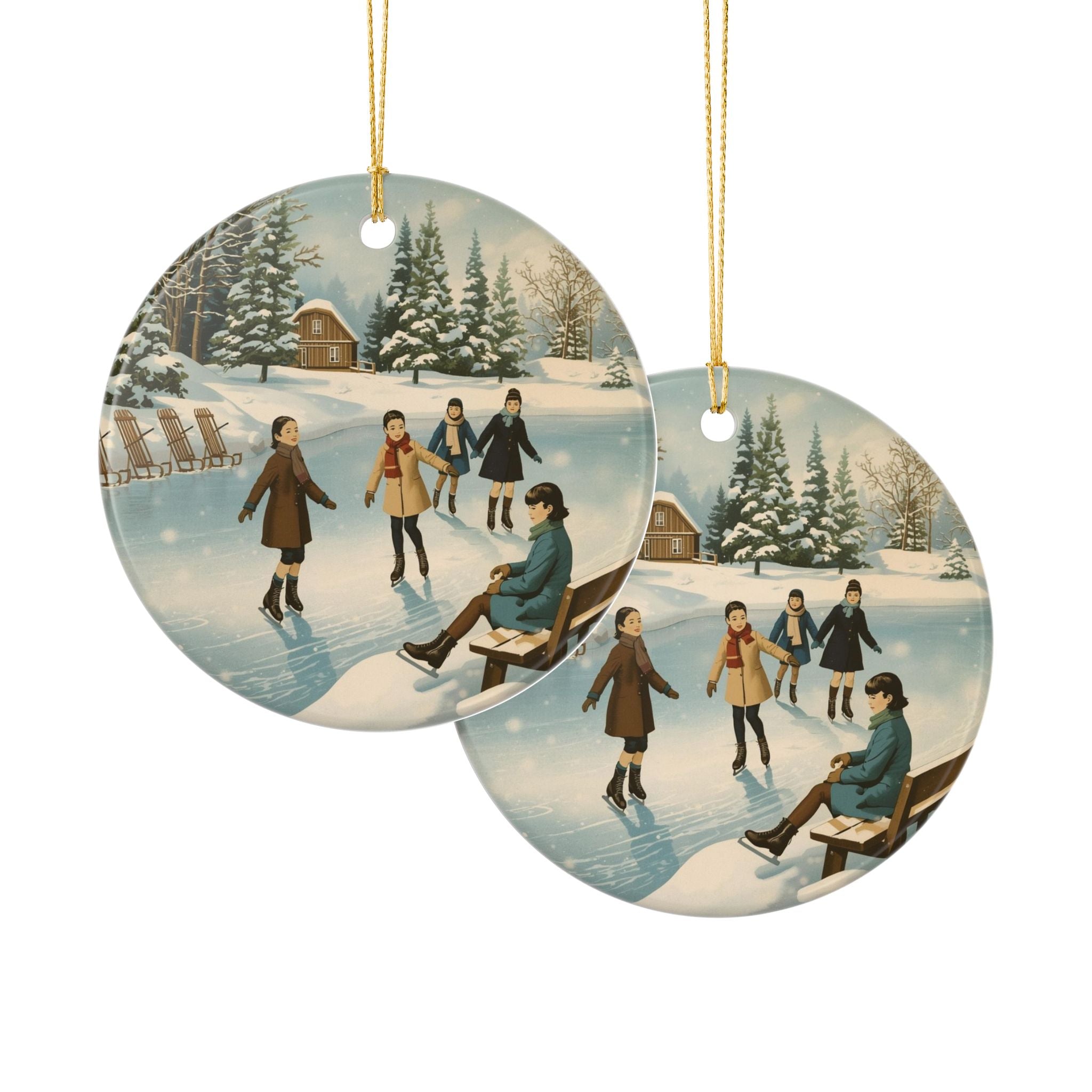 Vintage Ice Skating Ornament — Round Holiday Scene