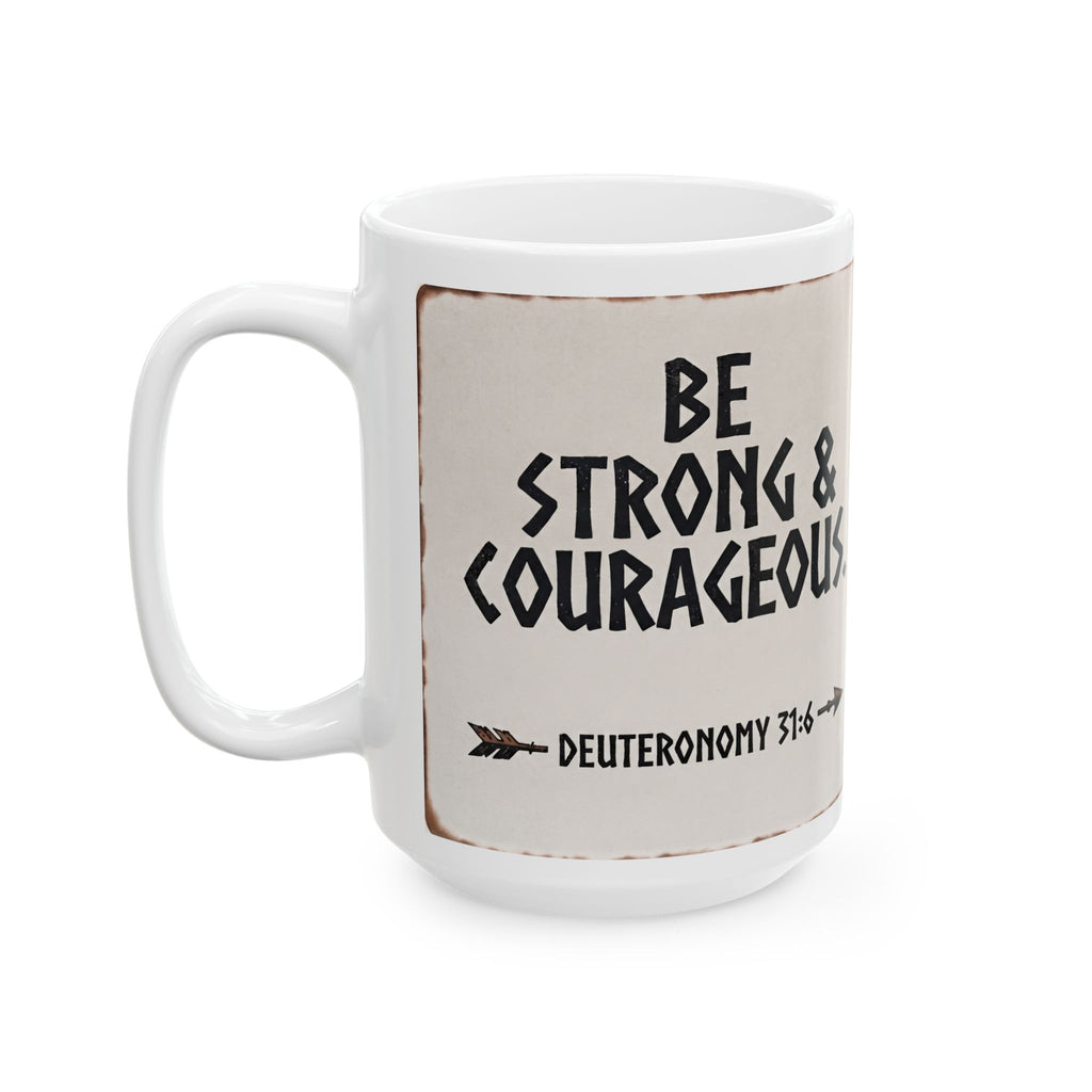 Be Strong & Courageous 15oz ceramic mug with Deuteronomy 31:6 distressed vintage design — Zero FG