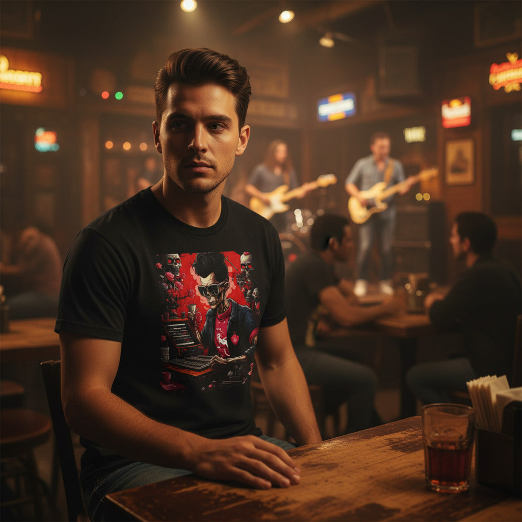 Black t-shirt with a graphic design of a person playing keyboard on a red background