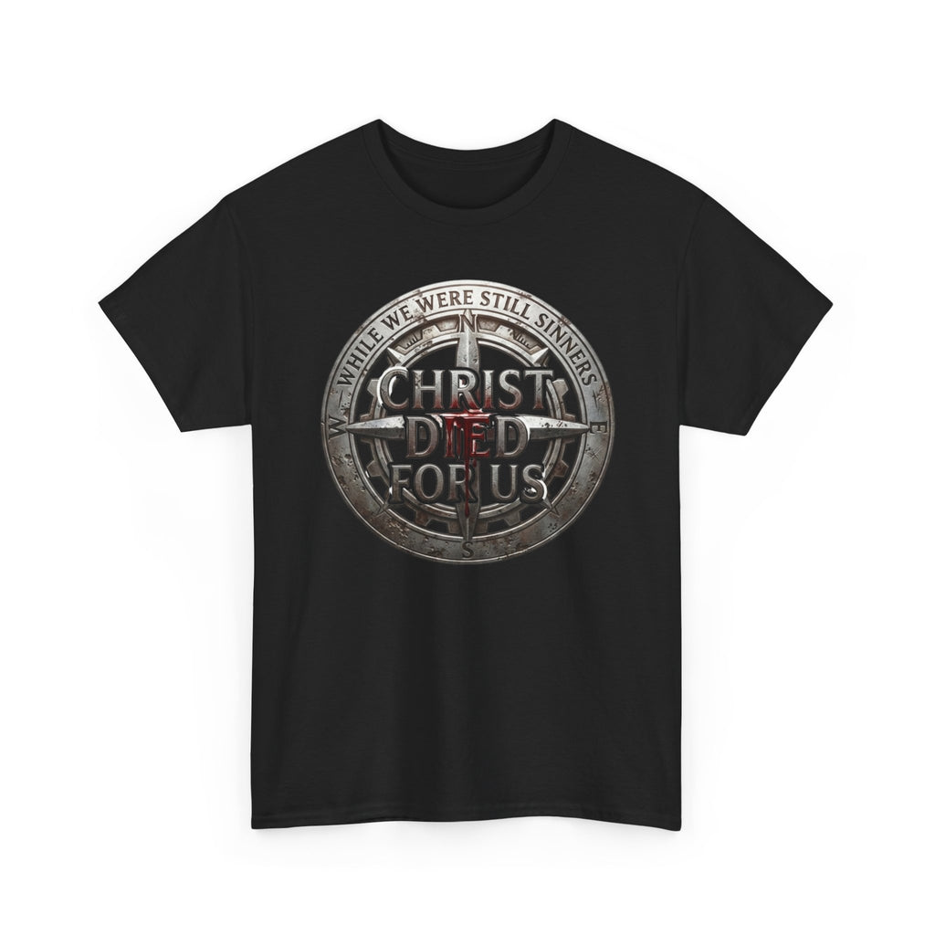 Black t-shirt with "While We Were Still Sinners, Christ Died For Us" vintage compass shield chest graphic, Romans 5:8, Zero FG faith apparel

