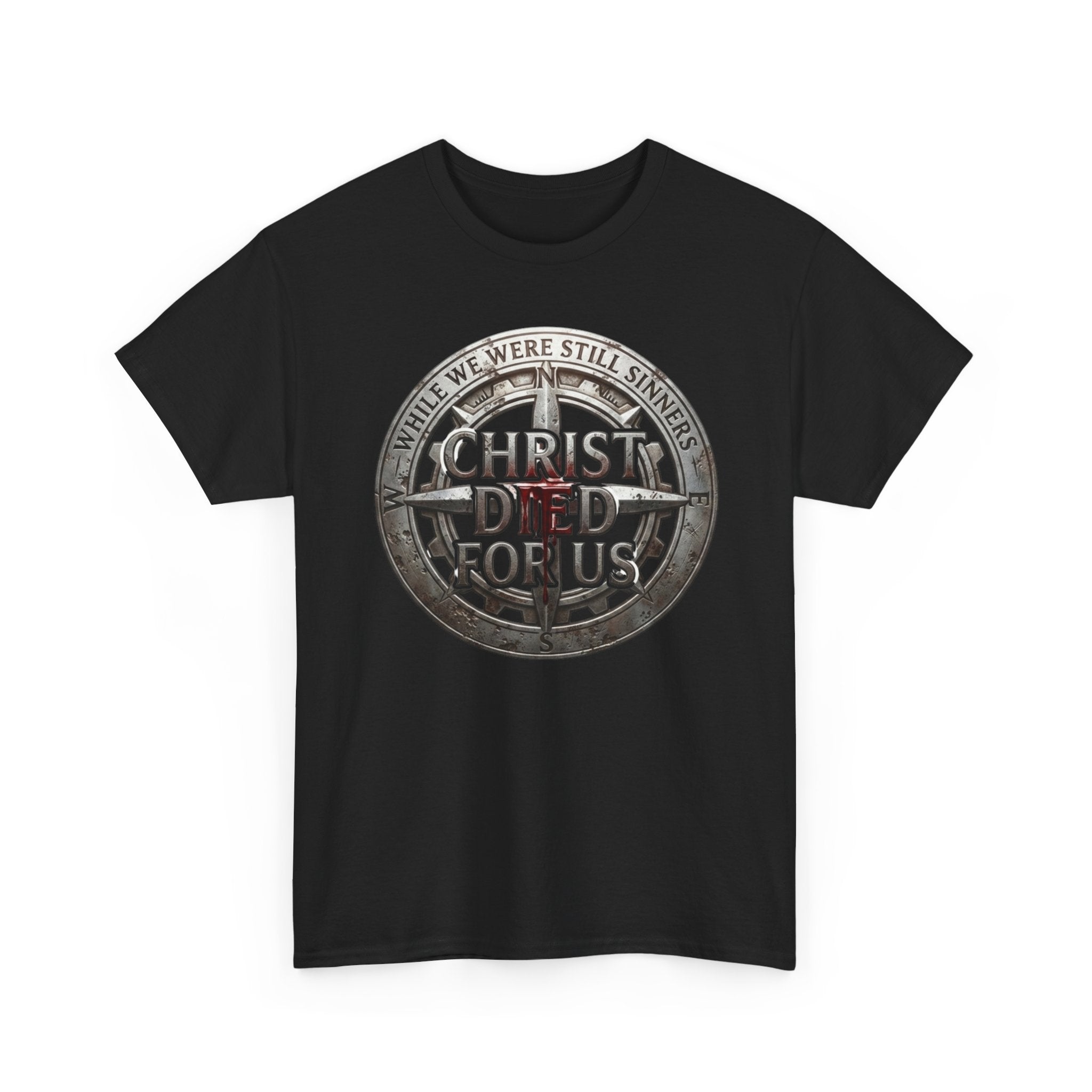 Black t-shirt with "While We Were Still Sinners, Christ Died For Us" vintage compass shield chest graphic, Romans 5:8, Zero FG faith apparel

