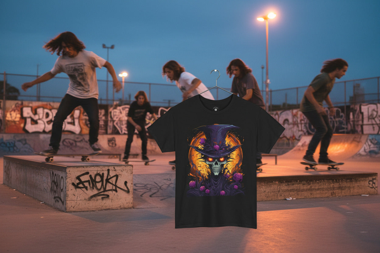 Black t-shirt with a colorful skull design wearing a hat on a white background