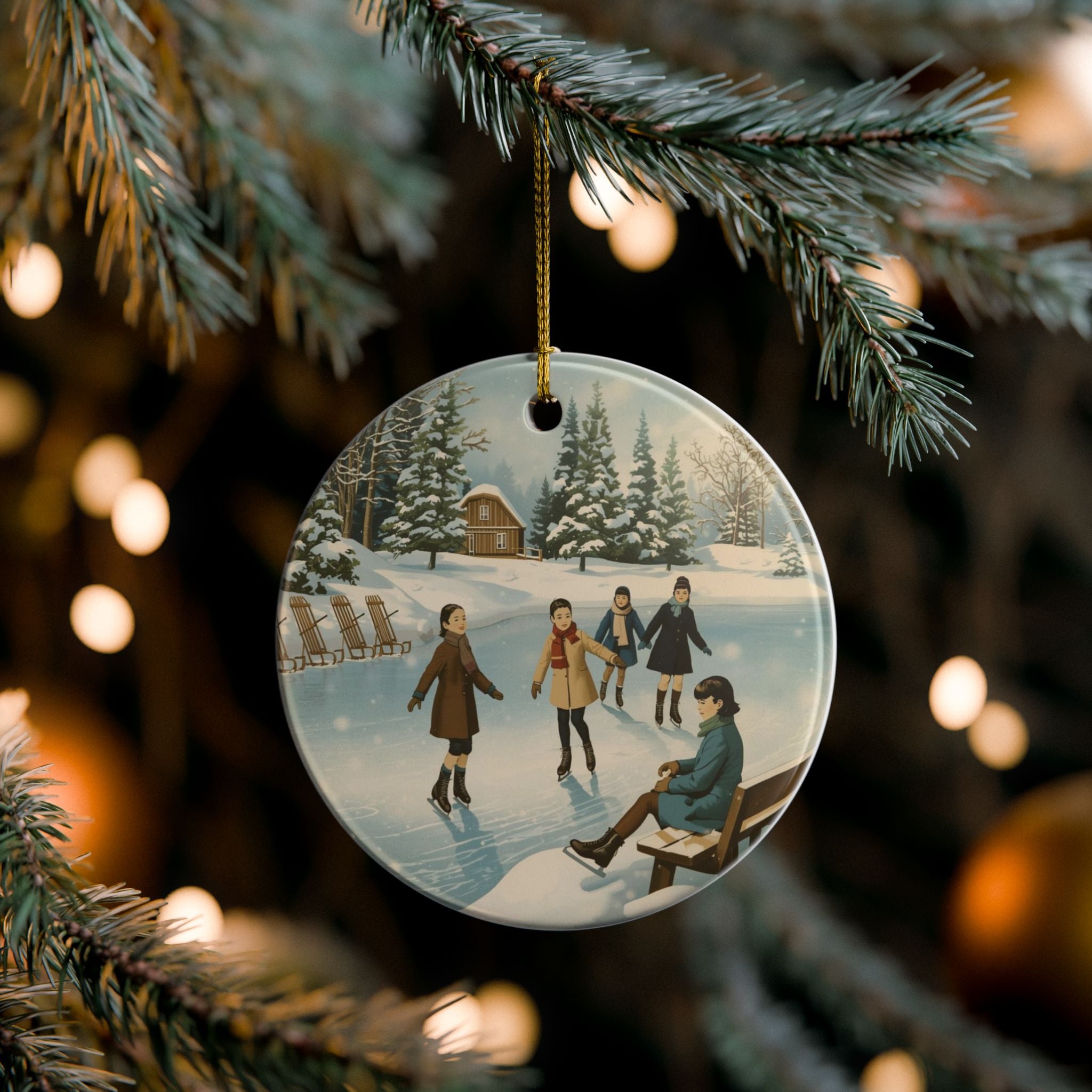 Vintage Ice Skating Ornament — Round Holiday Scene
